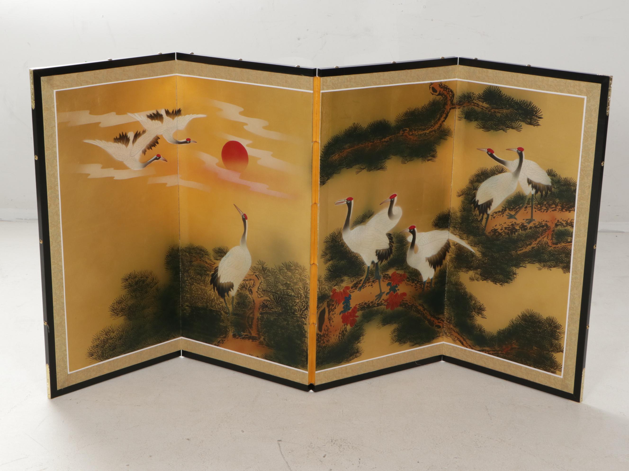 Three Japanese Painted Four-Panel Folding Screens