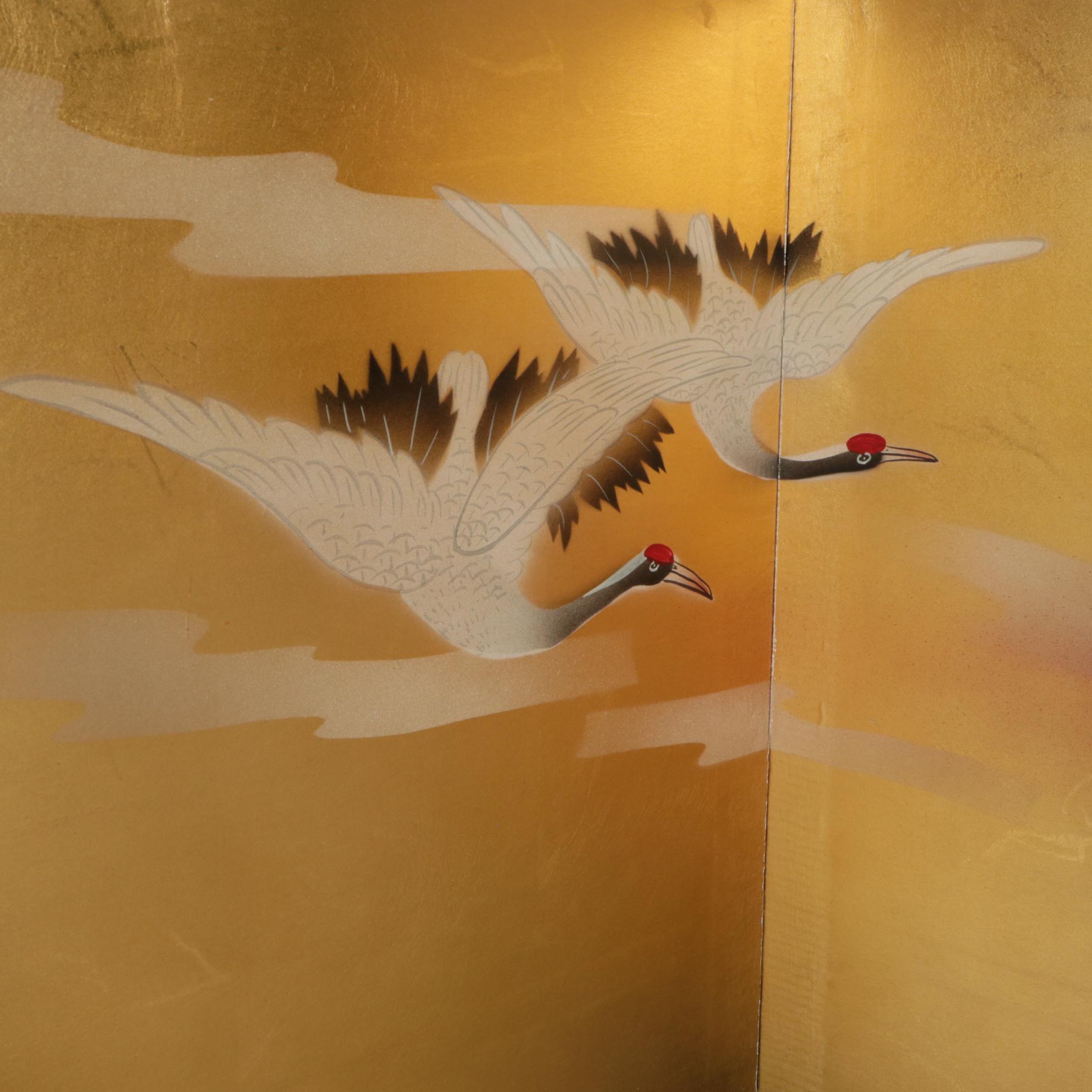 Three Japanese Painted Four-Panel Folding Screens