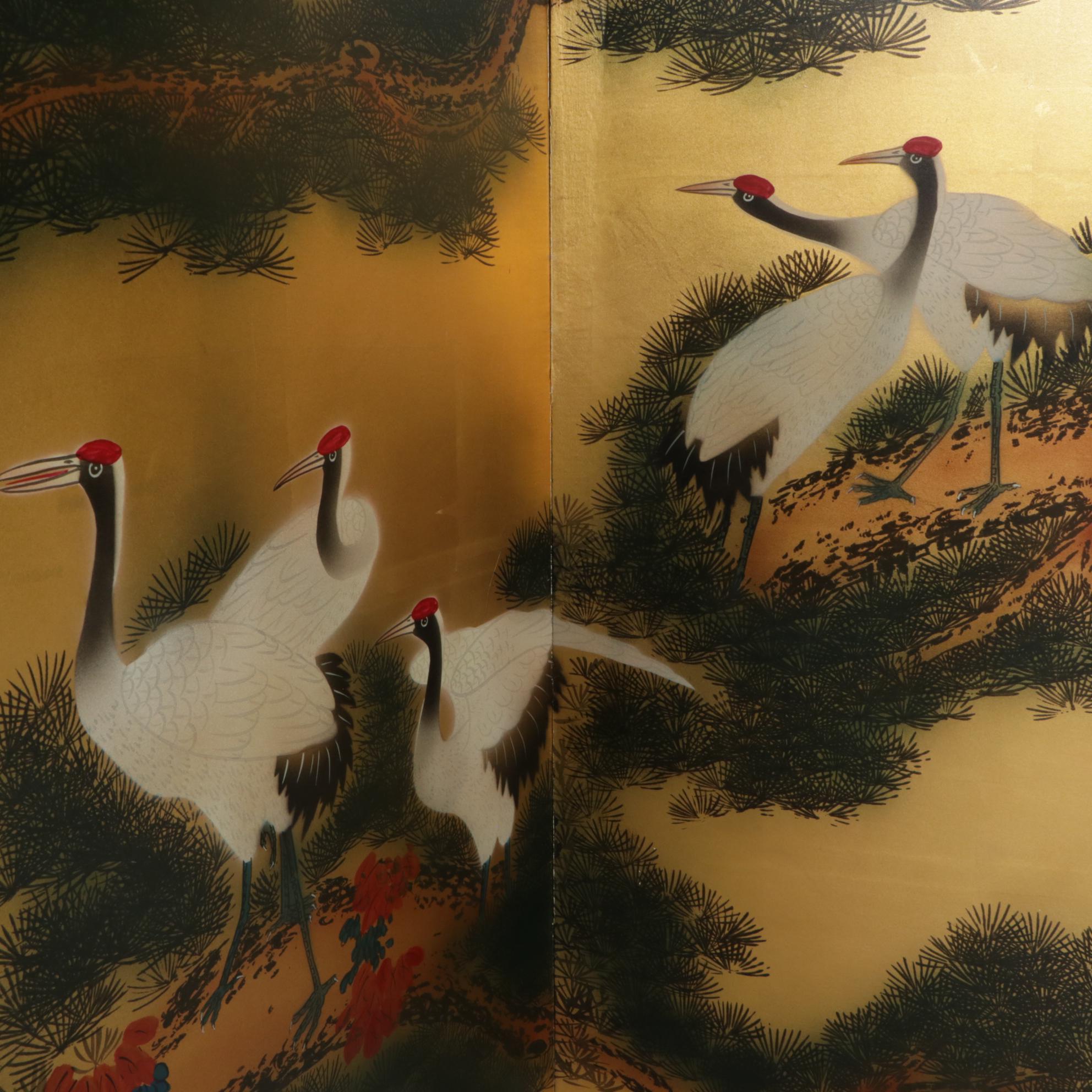 Three Japanese Painted Four-Panel Folding Screens