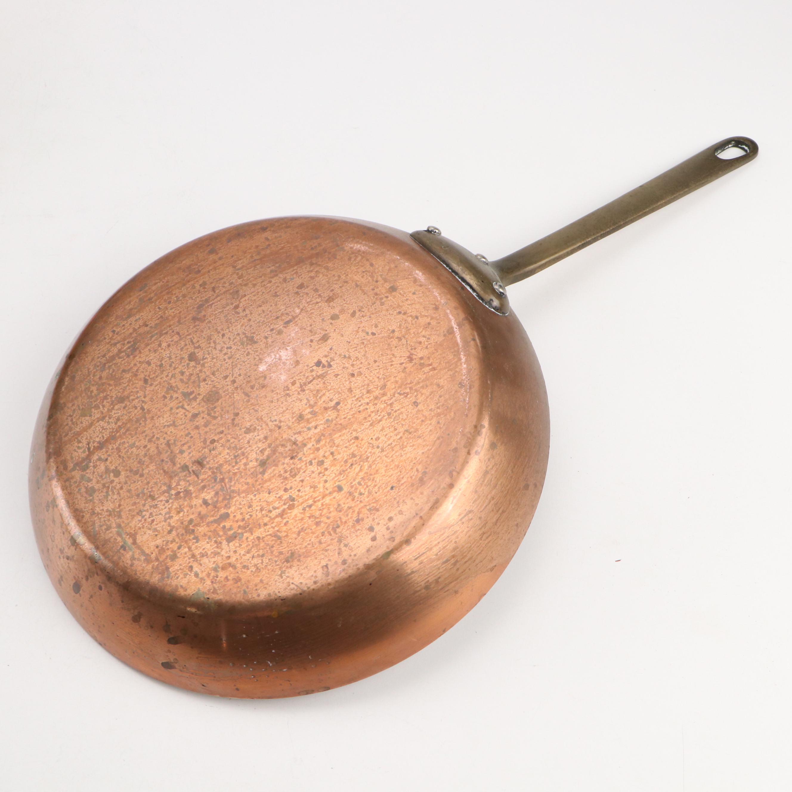 French and Portuguese Copper Skillets with Pair of Copper Sauce Pans