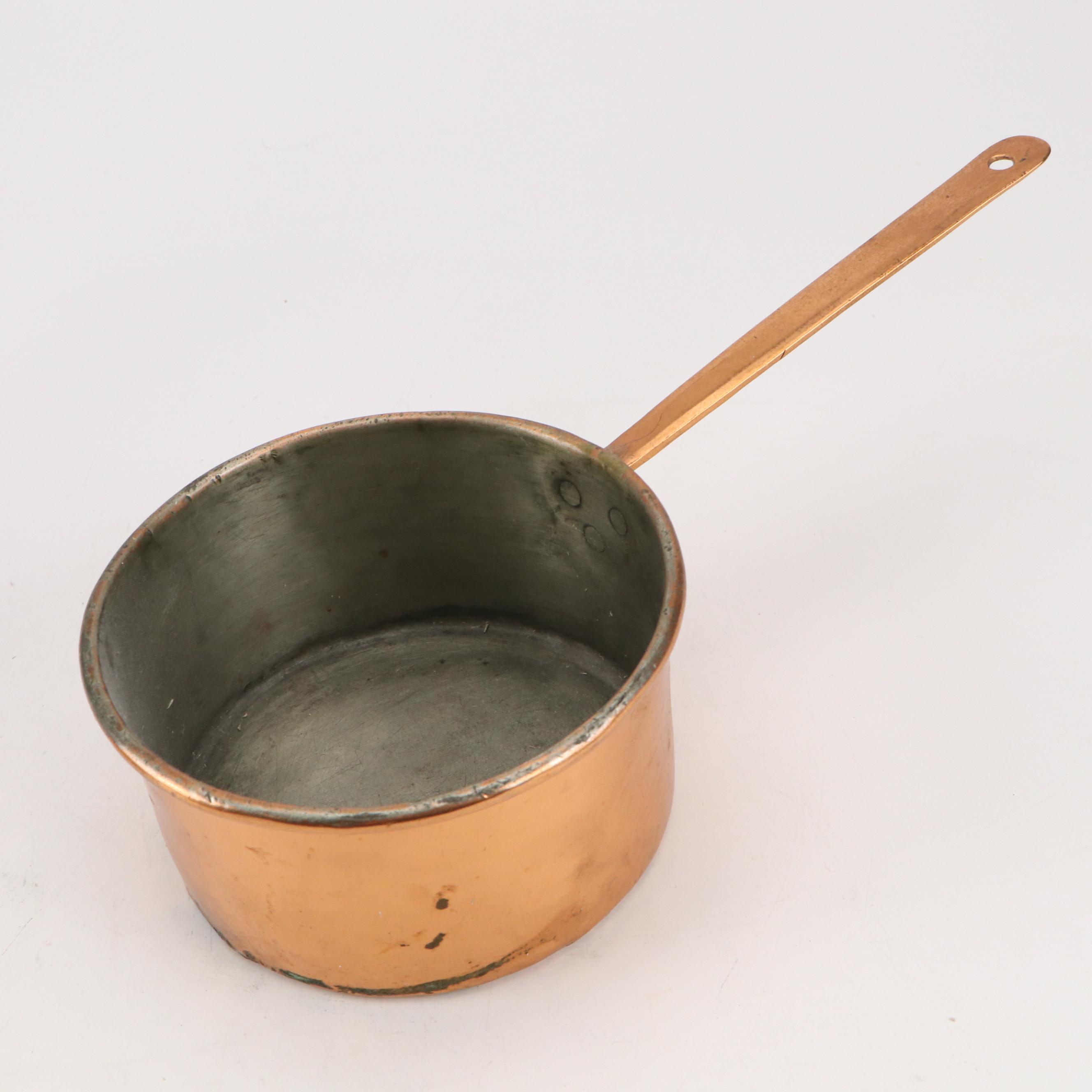 French and Portuguese Copper Skillets with Pair of Copper Sauce Pans
