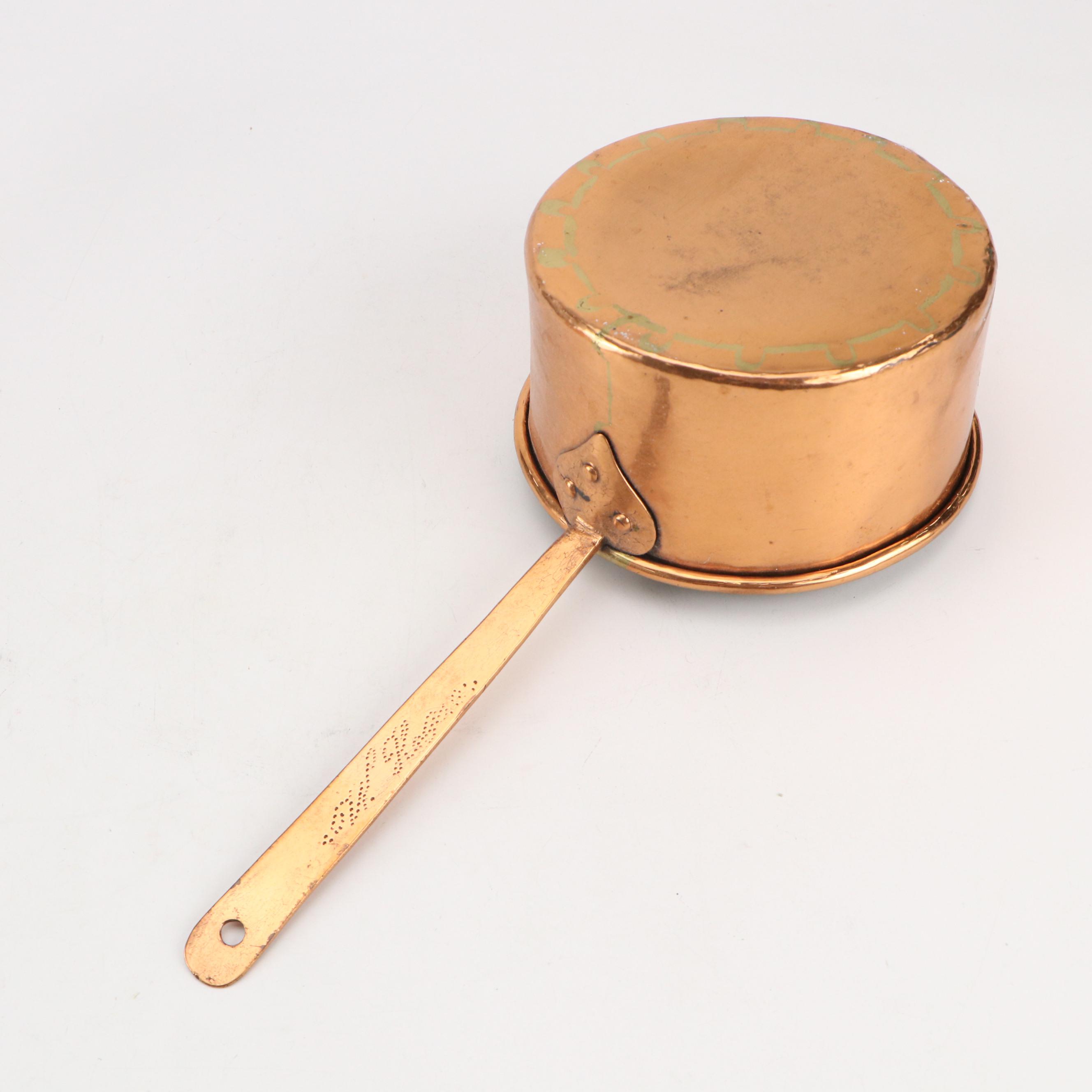 French and Portuguese Copper Skillets with Pair of Copper Sauce Pans