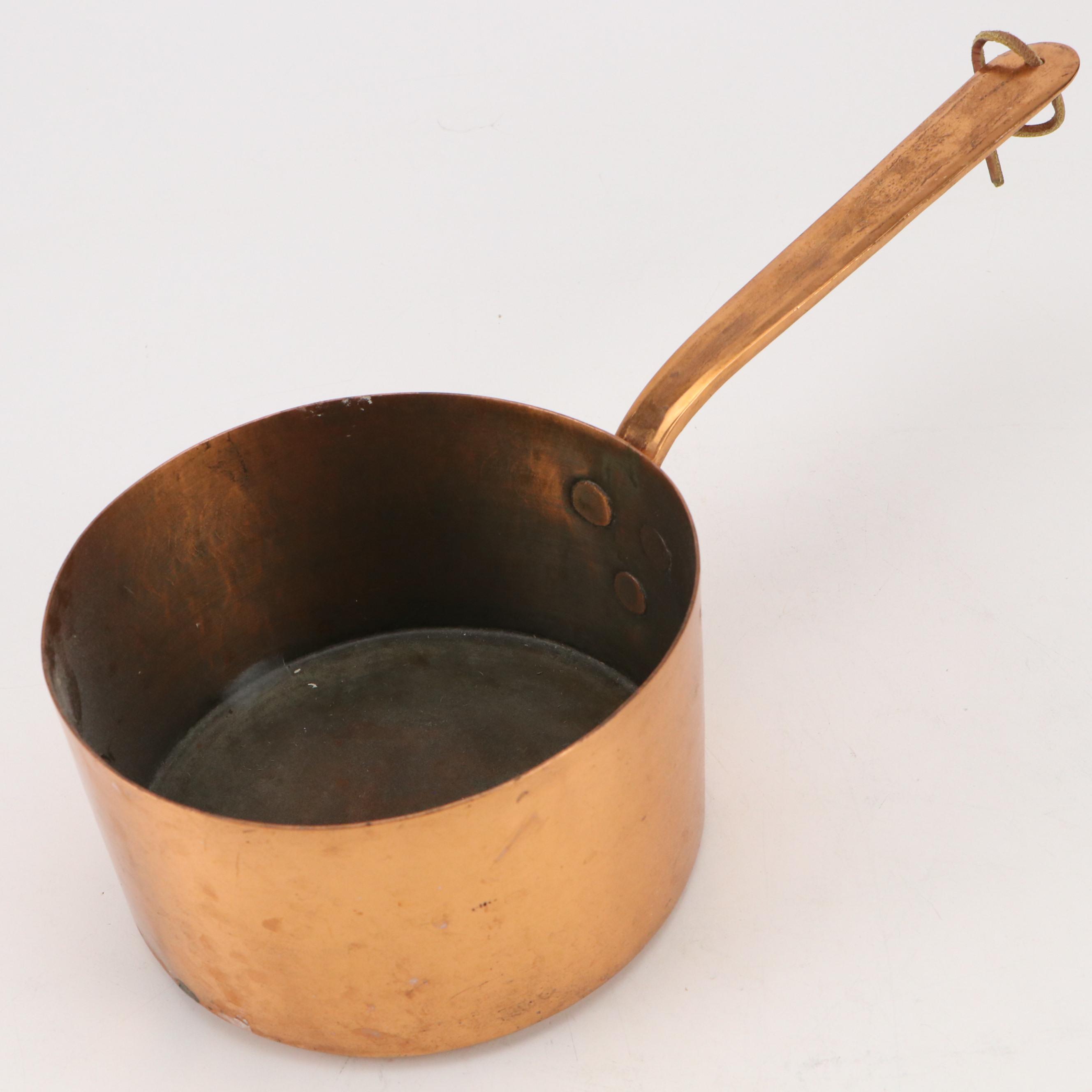 French and Portuguese Copper Skillets with Pair of Copper Sauce Pans