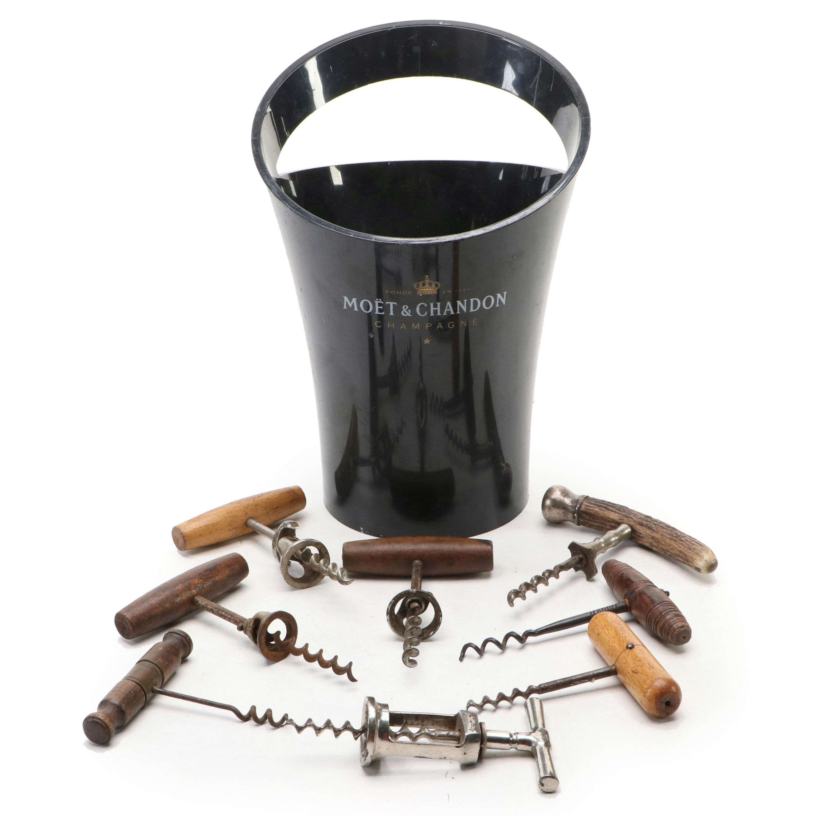 Antler with Wooden Handled and Other Wine Bottle Openers and Champagne Bucket