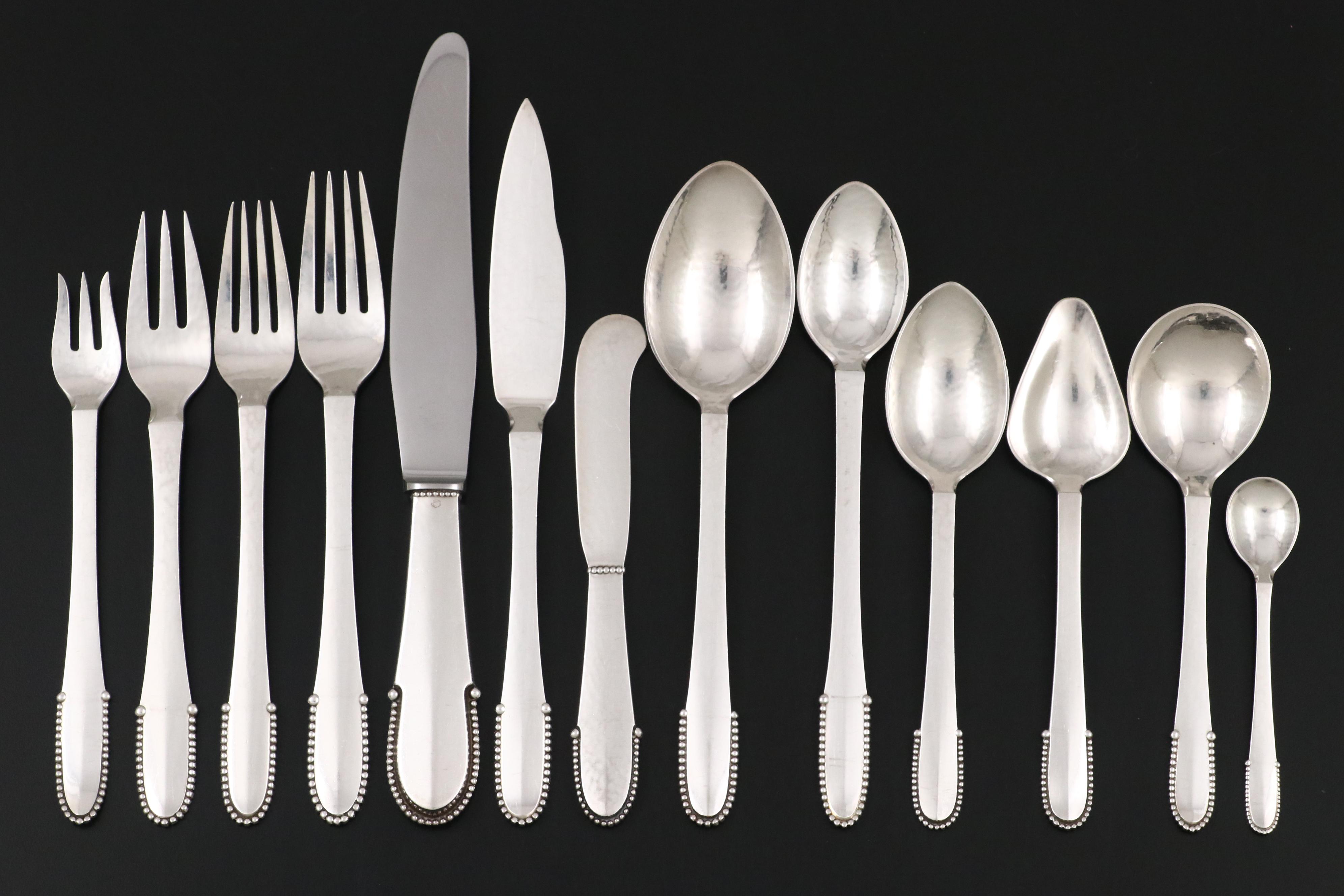 Georg Jensen "Beaded" Hammered Sterling Silver Flatware Service for Twelve