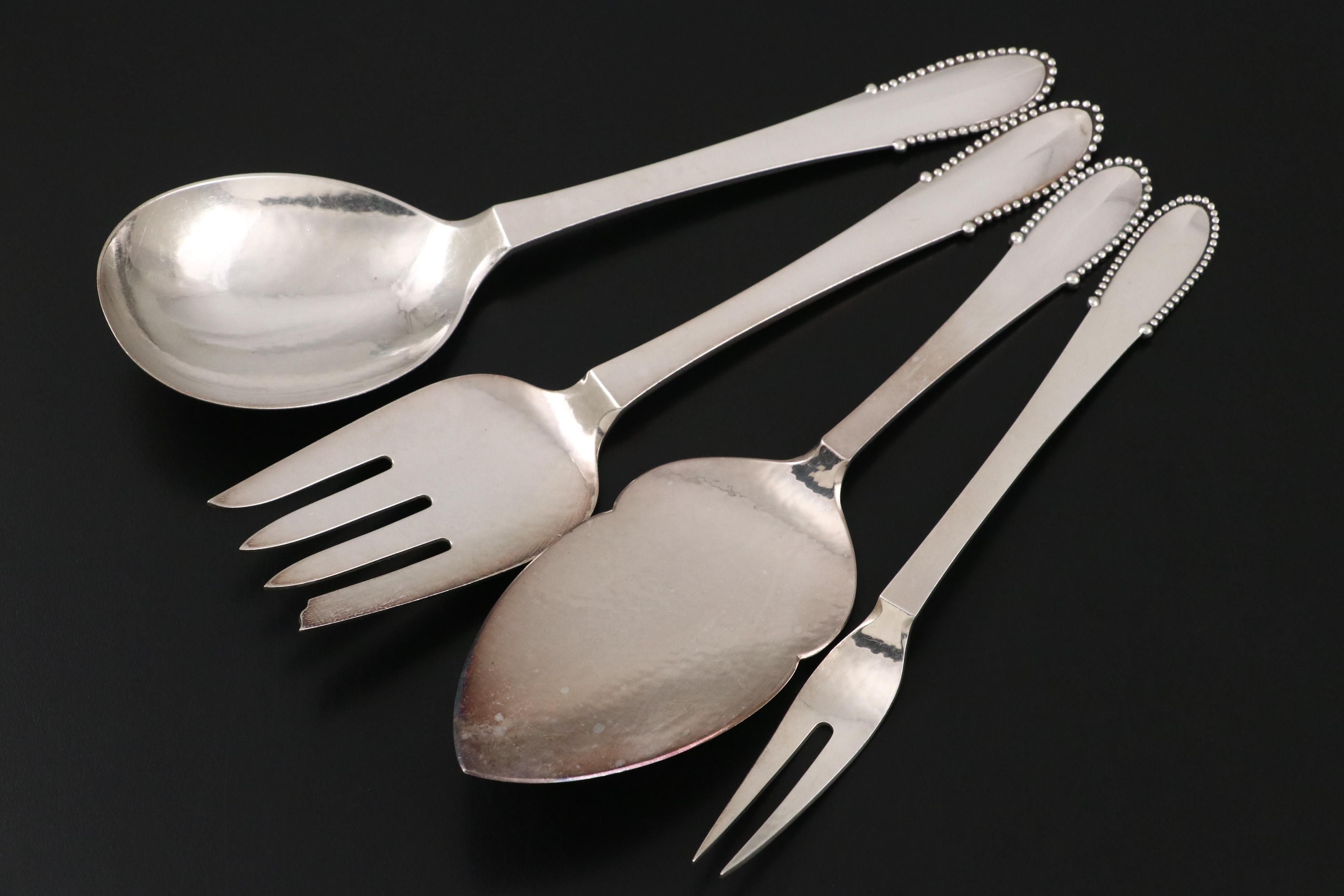 Georg Jensen "Beaded" Hammered Sterling Silver Flatware Service for Twelve