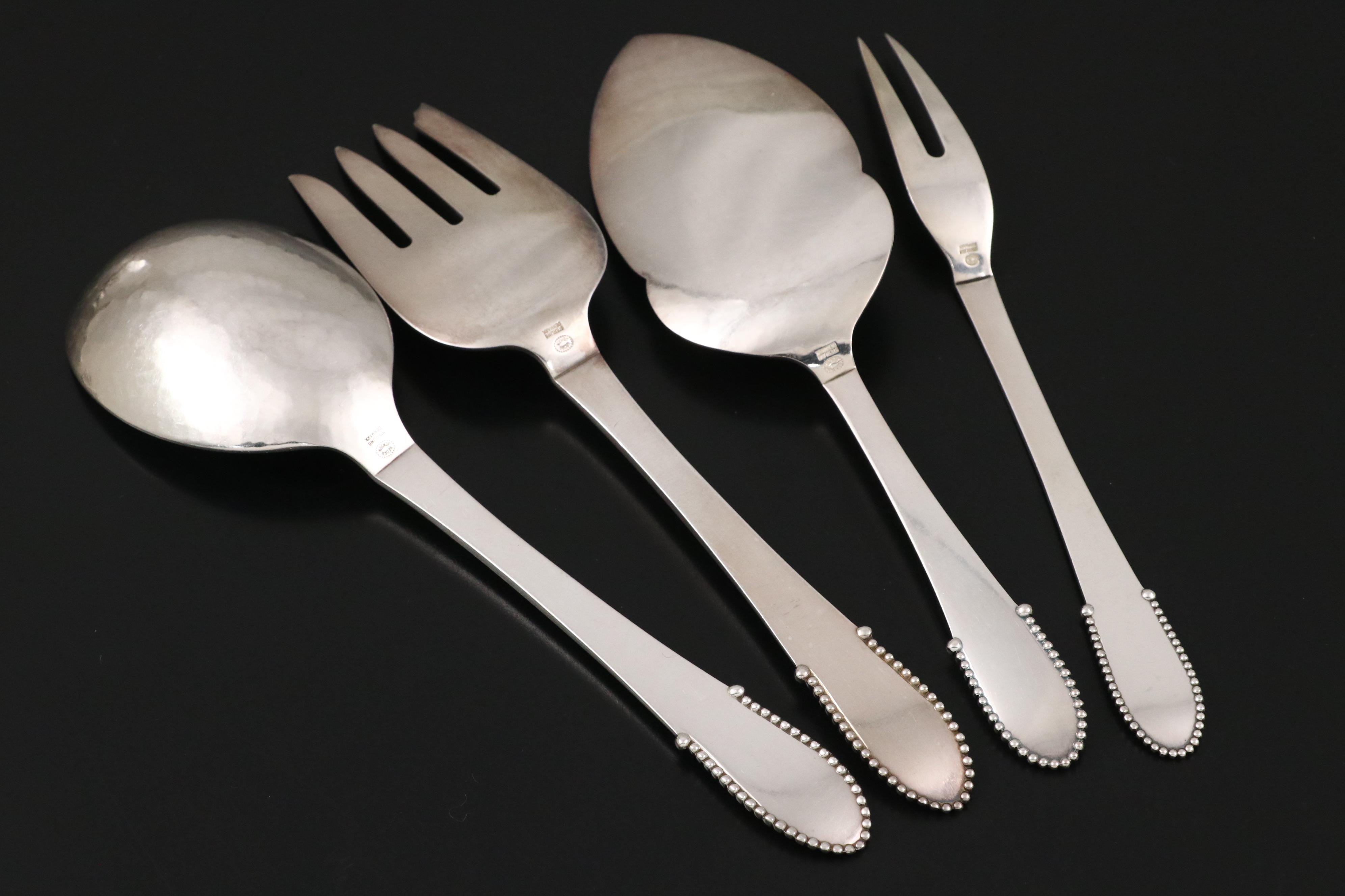Georg Jensen "Beaded" Hammered Sterling Silver Flatware Service for Twelve