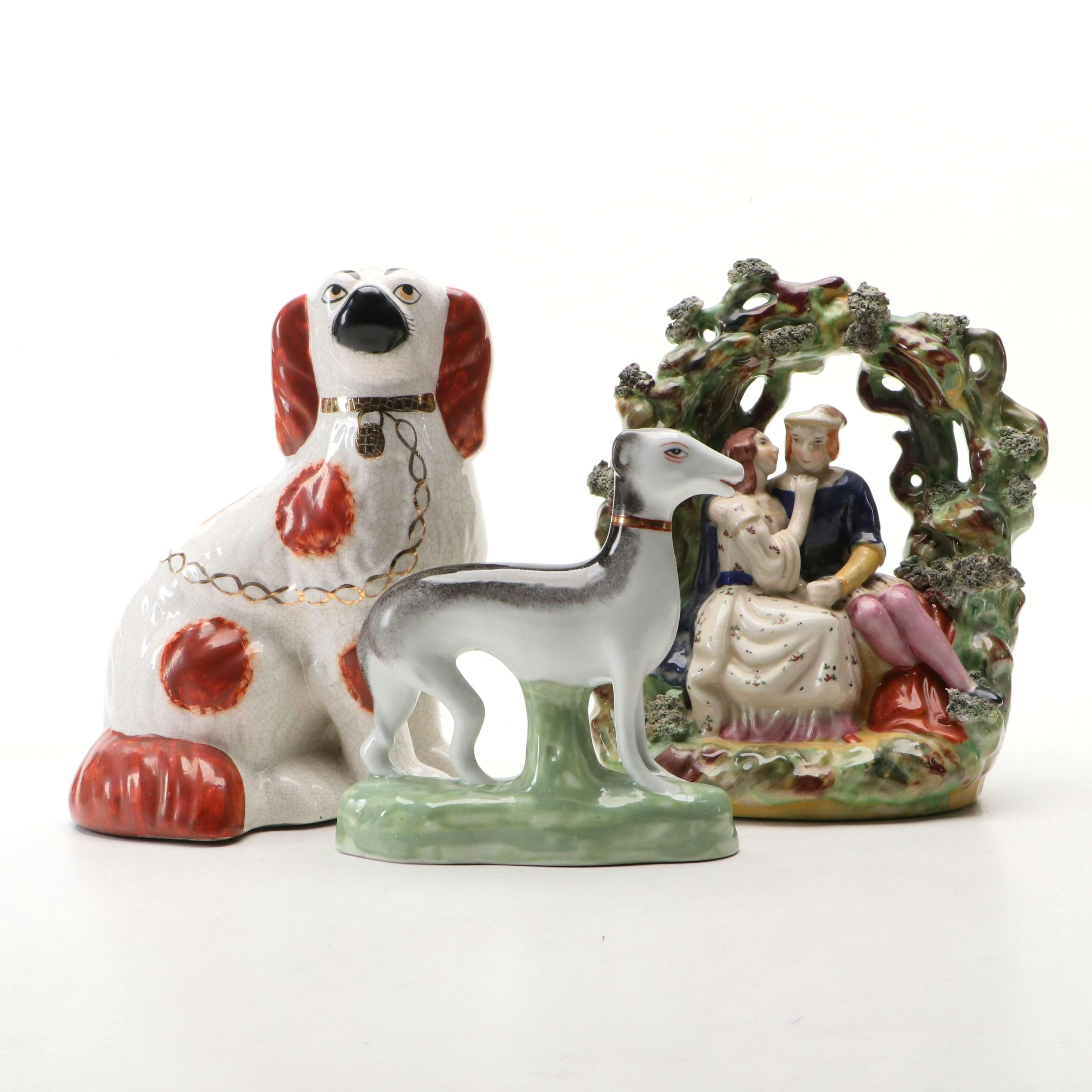 Staffordshire Style Porcelain King Charles Spaniel, Greyhound and Romeo & Juliet