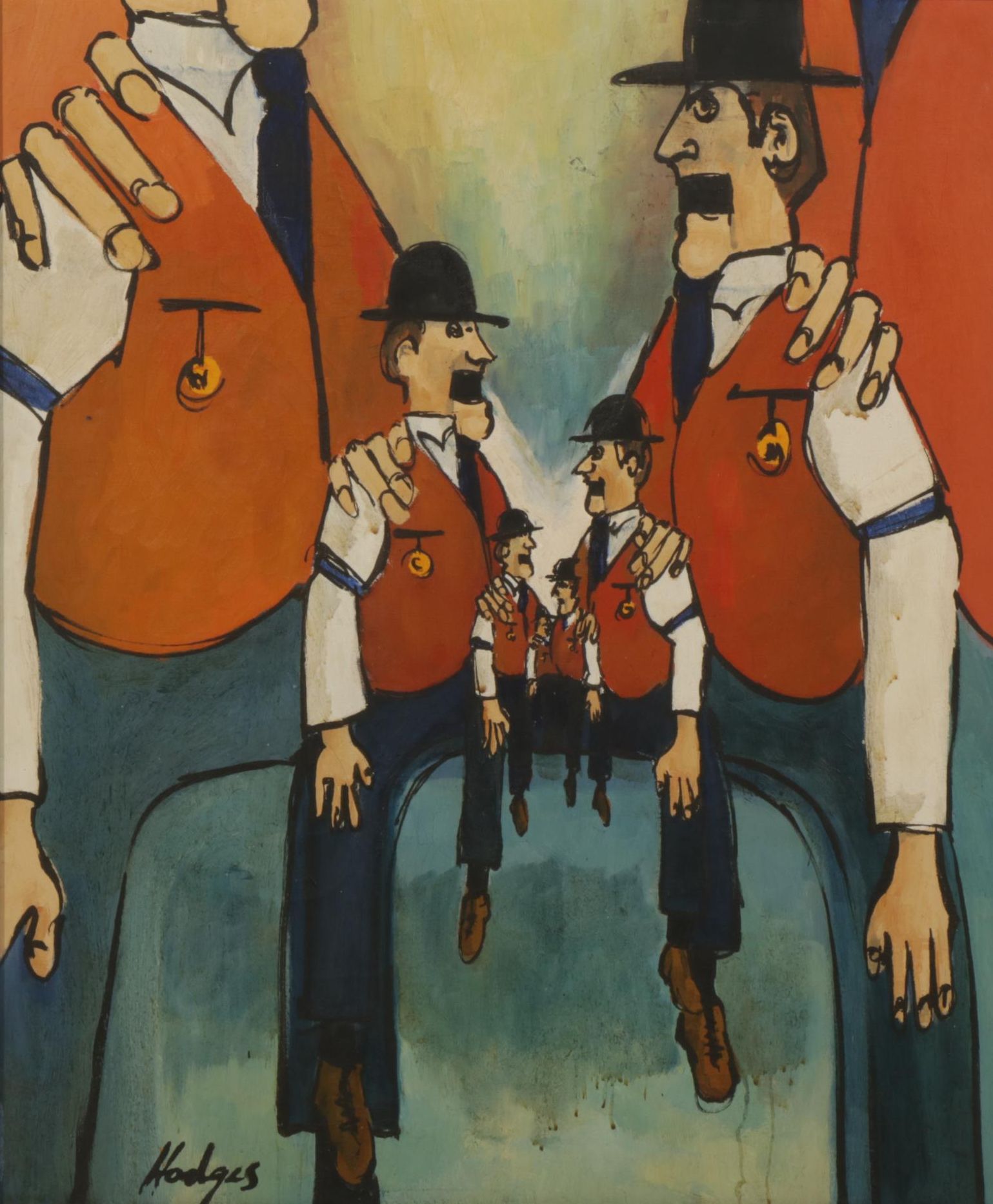 Hodges Nestled Ventriloquist Dummies Oil Painting, 20th Century