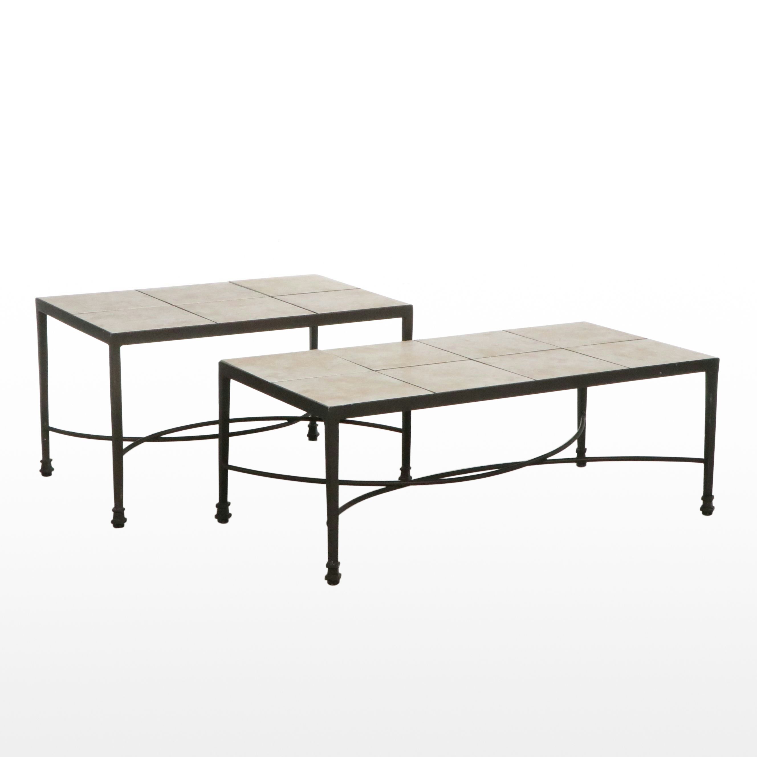 Pair of Woodard Landgrave Ceramic Tile Topped Metal Patio Tables