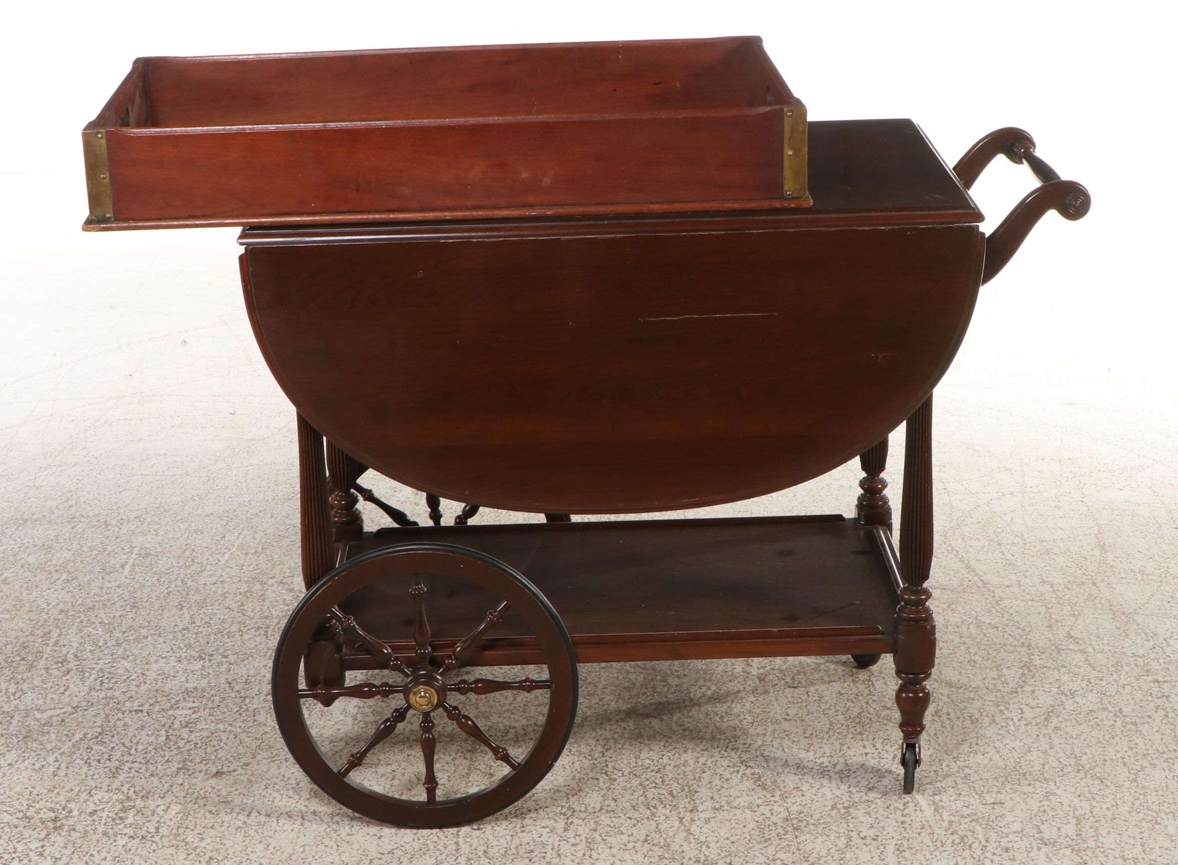 American Colonial Style Walnut Serving Cart with Tray, Mid to Late 20th Century