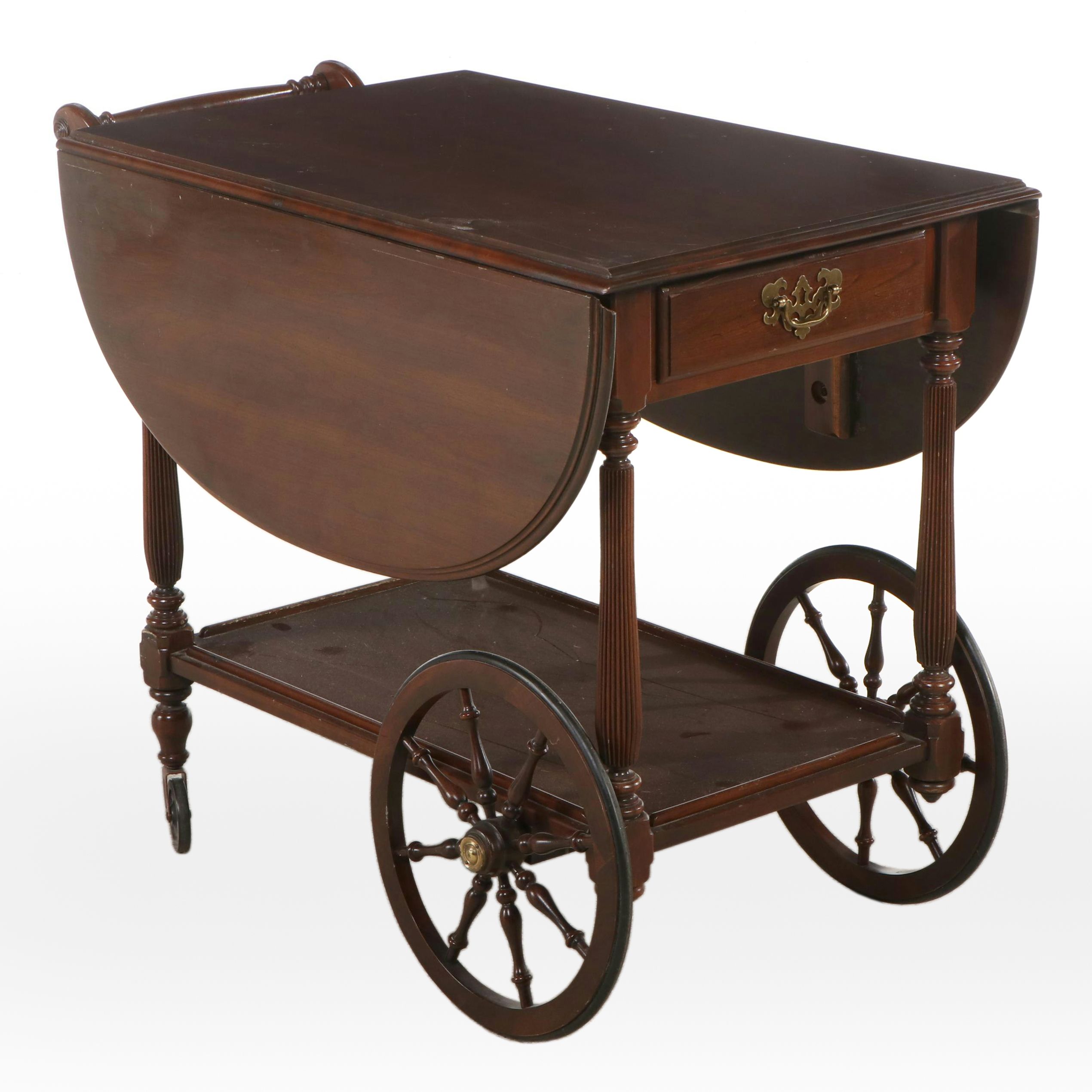 American Colonial Style Walnut Serving Cart with Tray, Mid to Late 20th Century