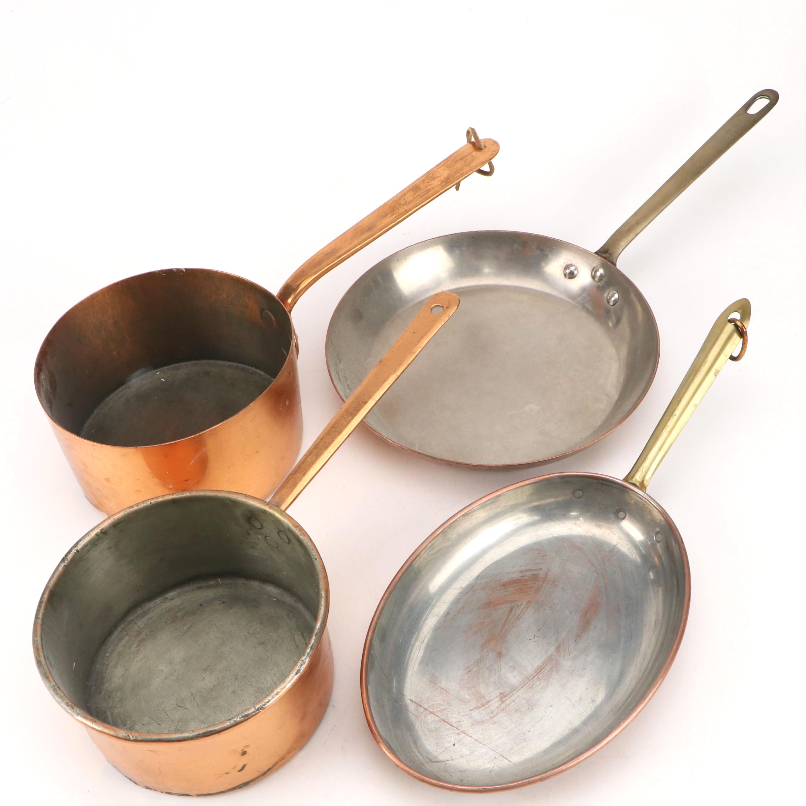 French and Portuguese Copper Skillets with Pair of Copper Sauce Pans