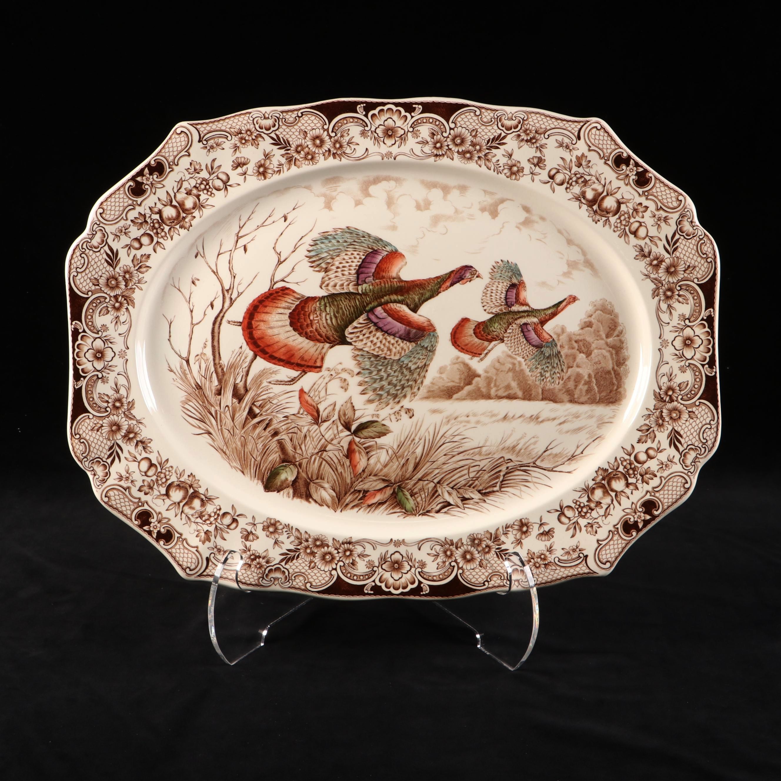 Johnson Bros. English "Wild Turkeys" Tinted Brown Transferware Platter