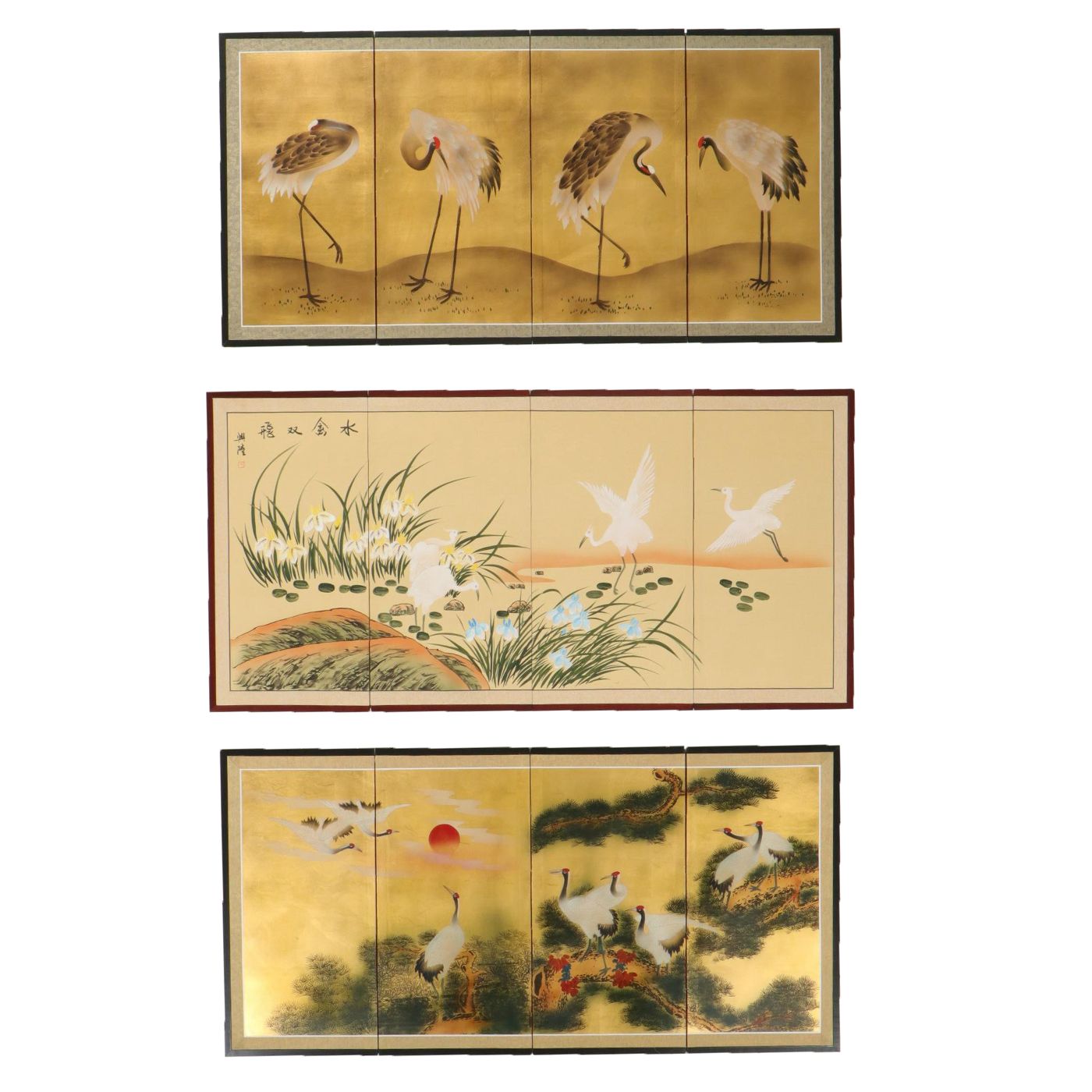 Three Japanese Painted Four-Panel Folding Screens