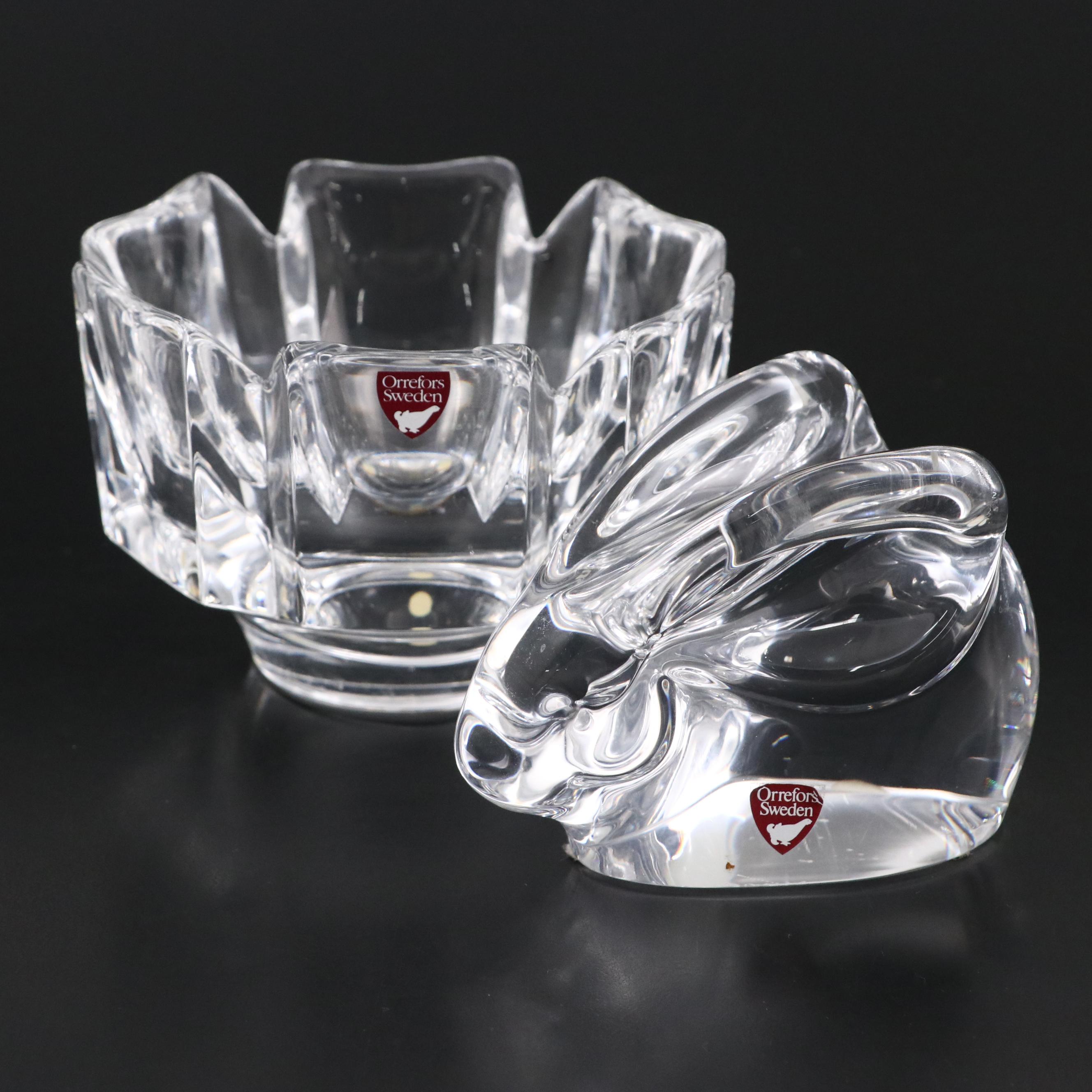Orrefors Crystal Glass Rabbit Paperweight and "Corona" Decorative Bowl