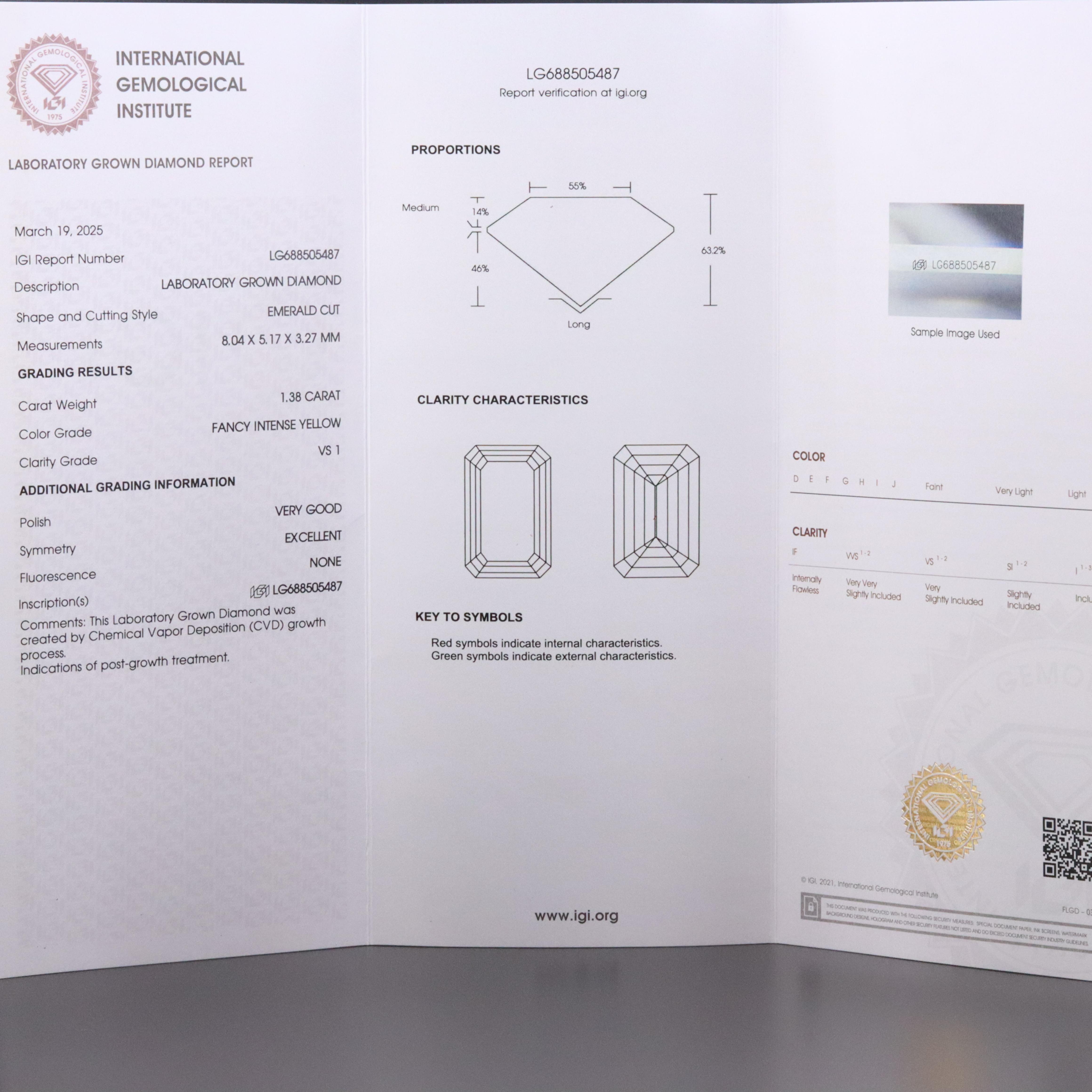 Loose 1.38 CT Lab Grown Fancy Yellow Diamond with IGI Report