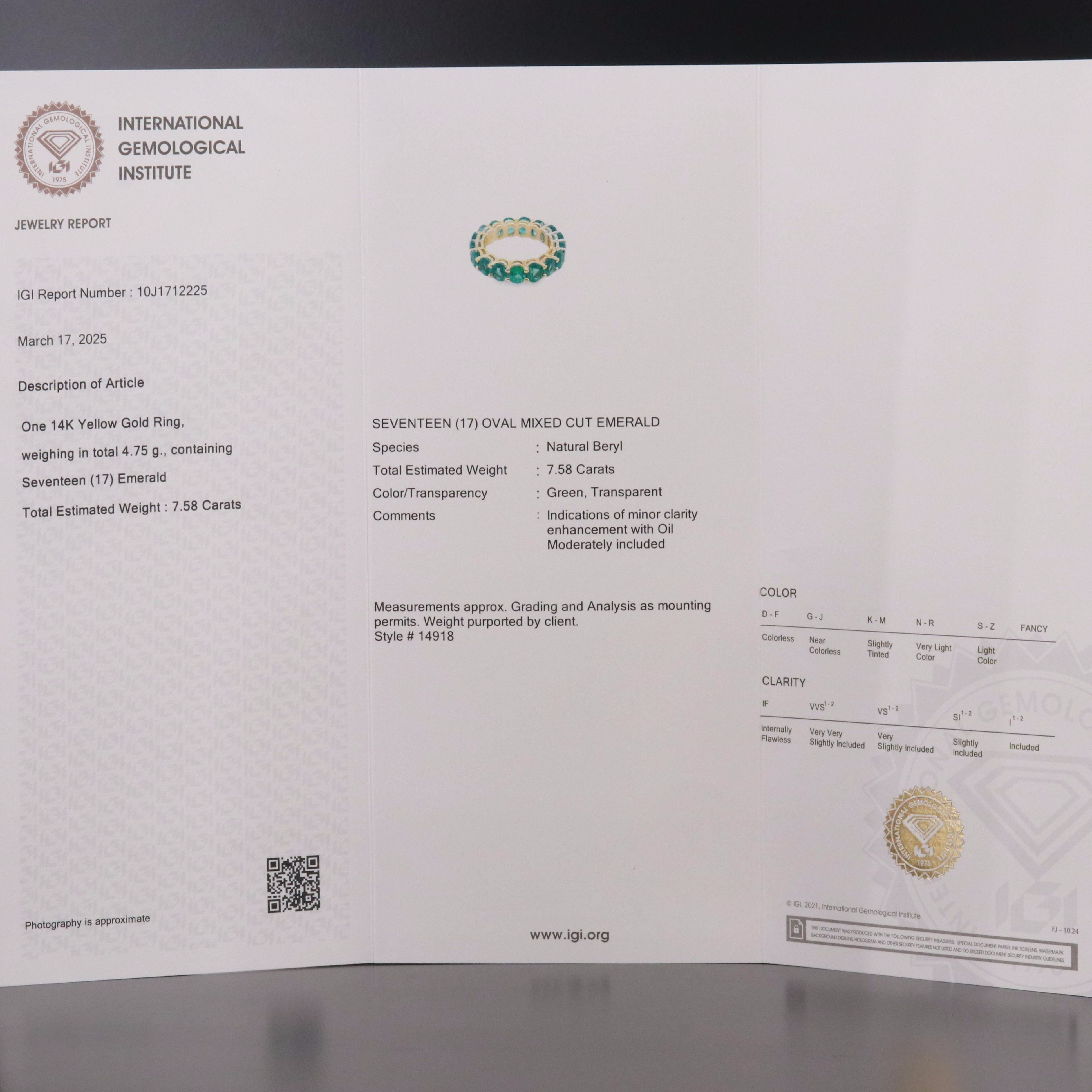 14K 7.58 CTW Emerald Eternity Band with IGI Report