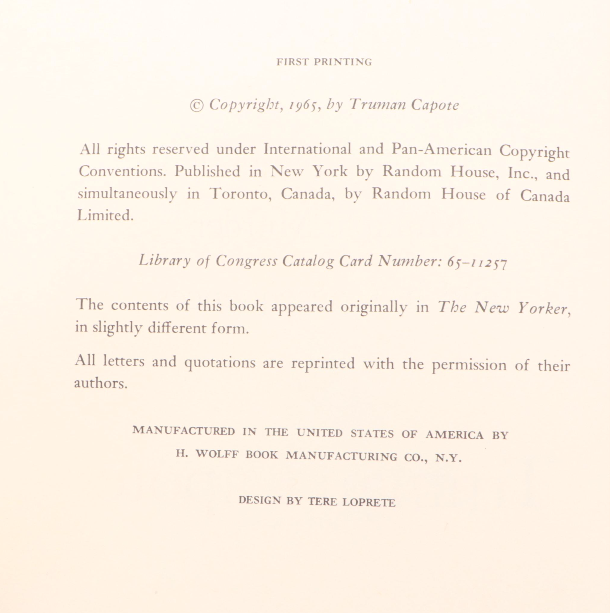 First Edition, First Printing "In Cold Blood" by Truman Capote, 1966