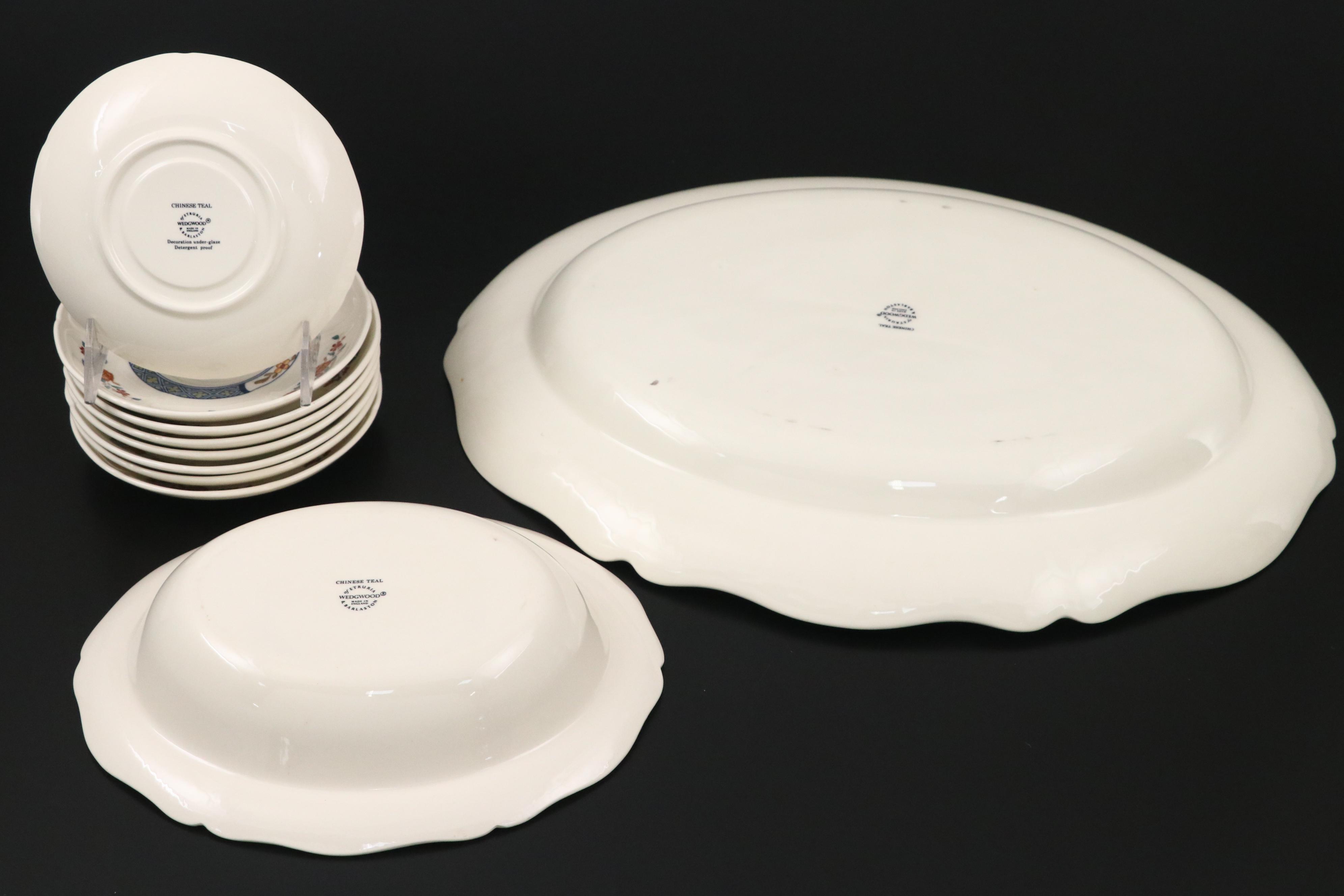 Wedgwood Bone China "Chinese Teal" Tea Set and Serving Pieces, 1974-1988