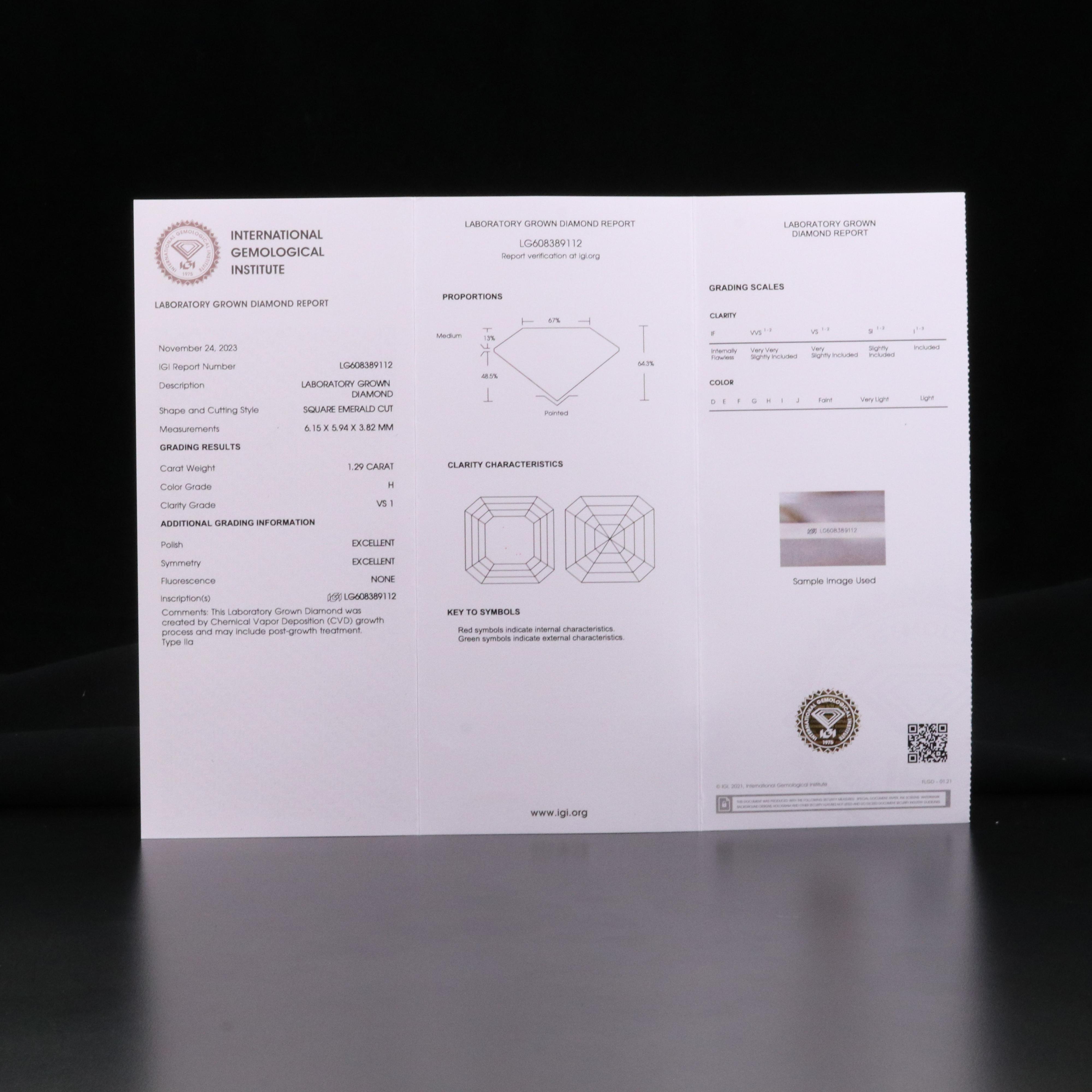 Loose 1.29 CT Lab Grown Diamond with IGI Report