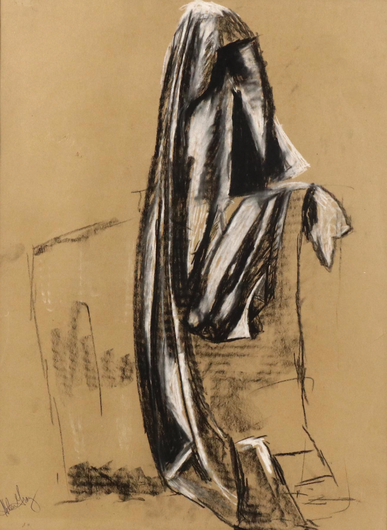 Helen Gray Charcoal and Chalk Pastel Fabric Drapery Study Still Life