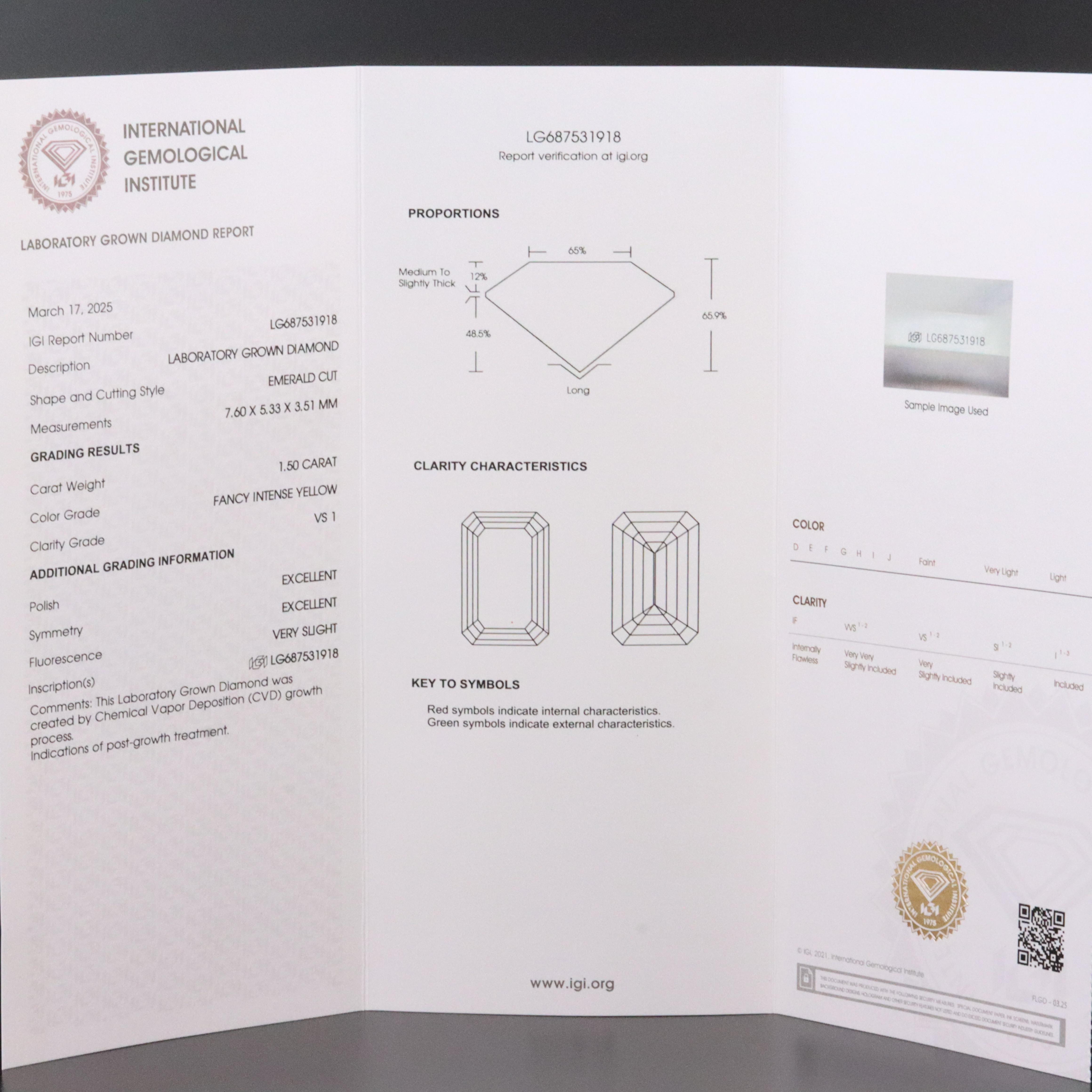 Loose 1.50 CT Lab Grown Fancy Yellow Diamond with IGI Report