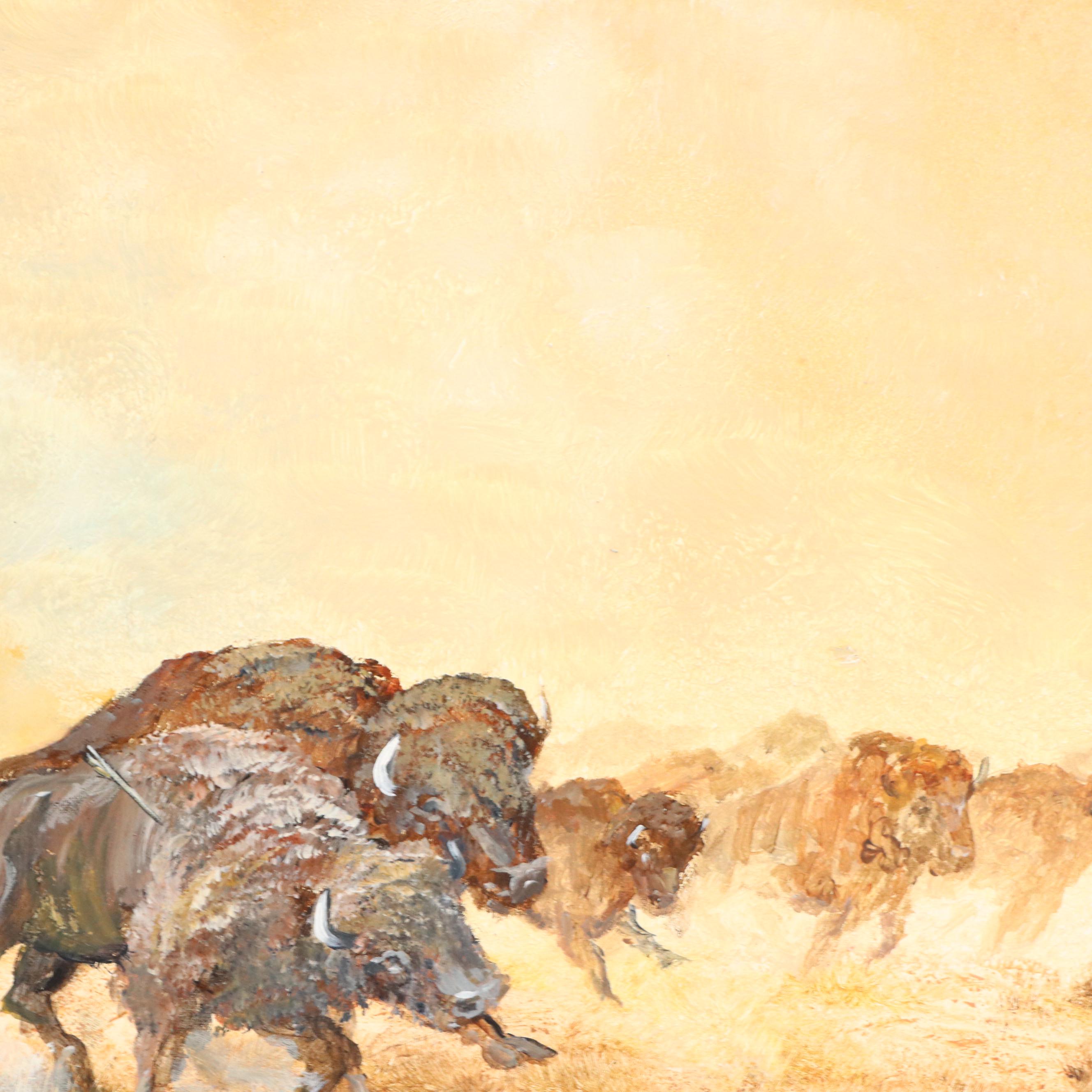 Donald A. Gibbs Western Genre Landscape Oil Painting of Buffalo Hunting Scene