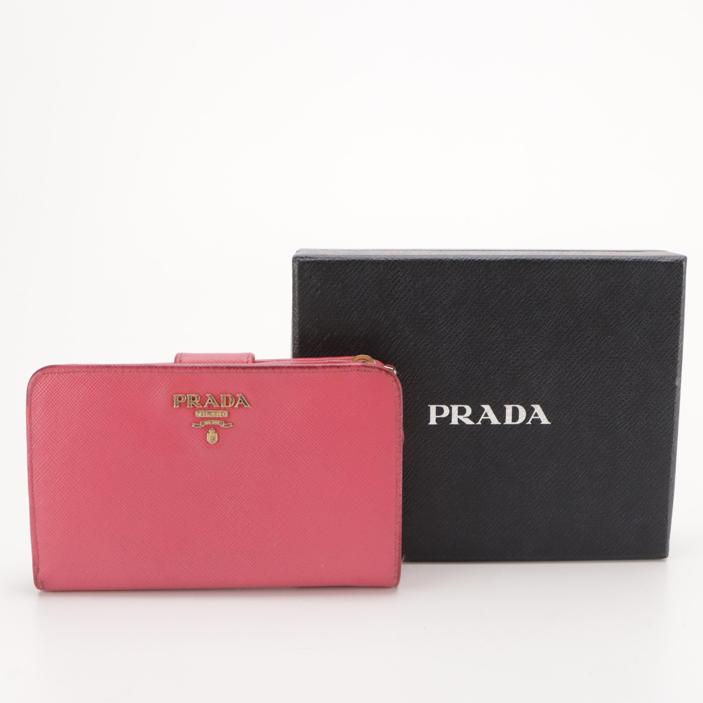 Prada Saffiano Leather Compact Zip Wallet with Box