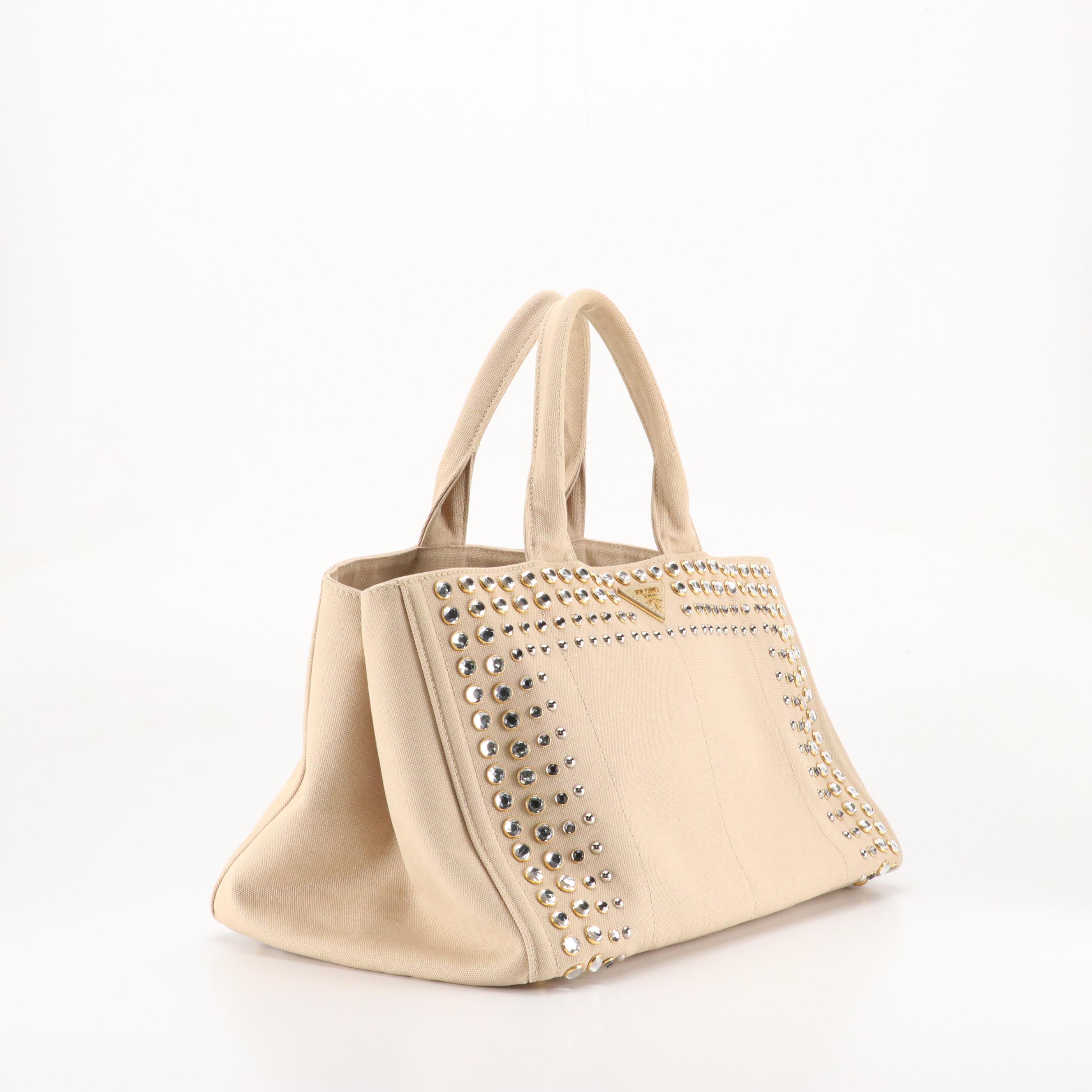 Prada Large Canapa Bijoux Tote in Crystal Studded Desert Canvas