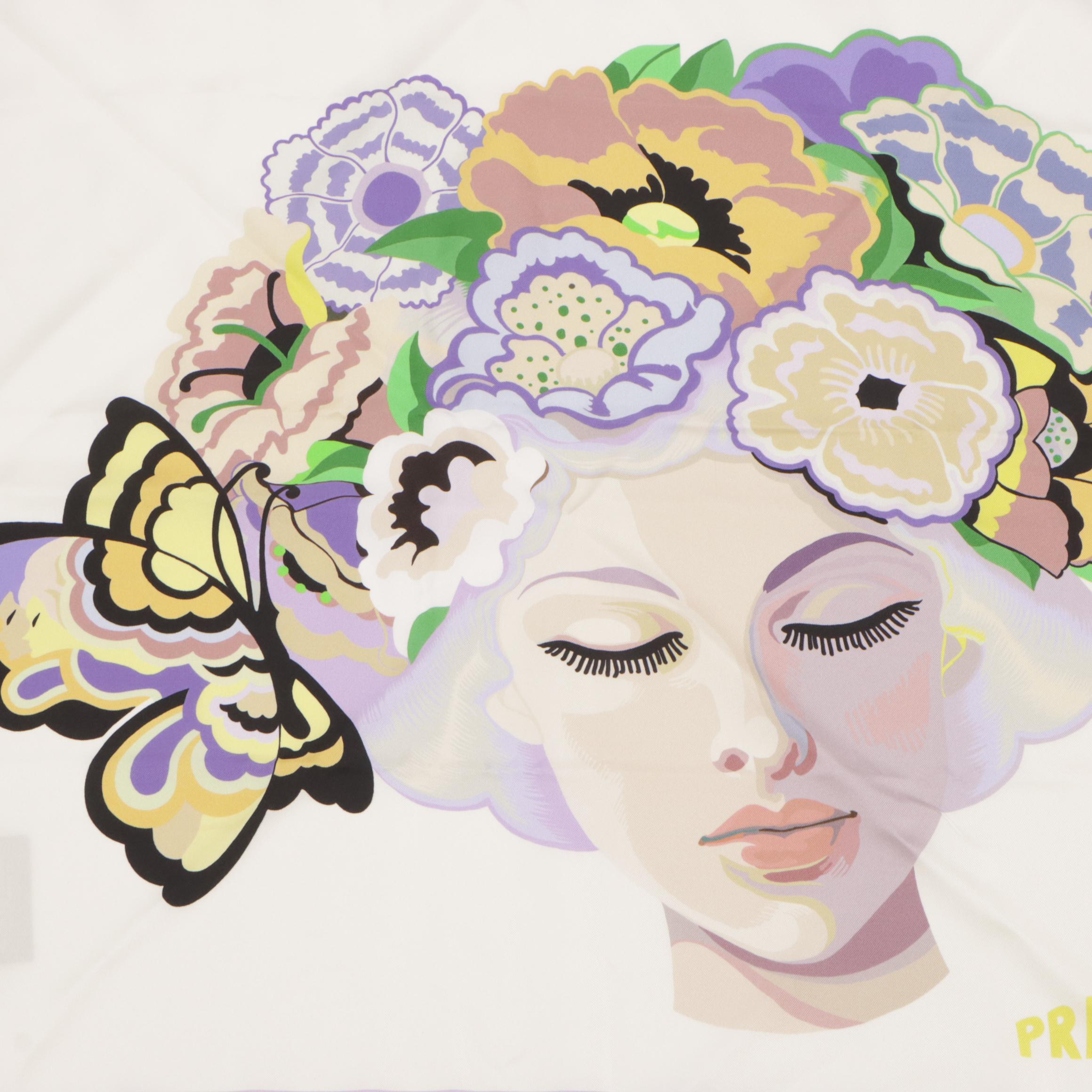 Prada Fantasy Foulard Square Scarf in Wisteria Lisa Print Silk With Box