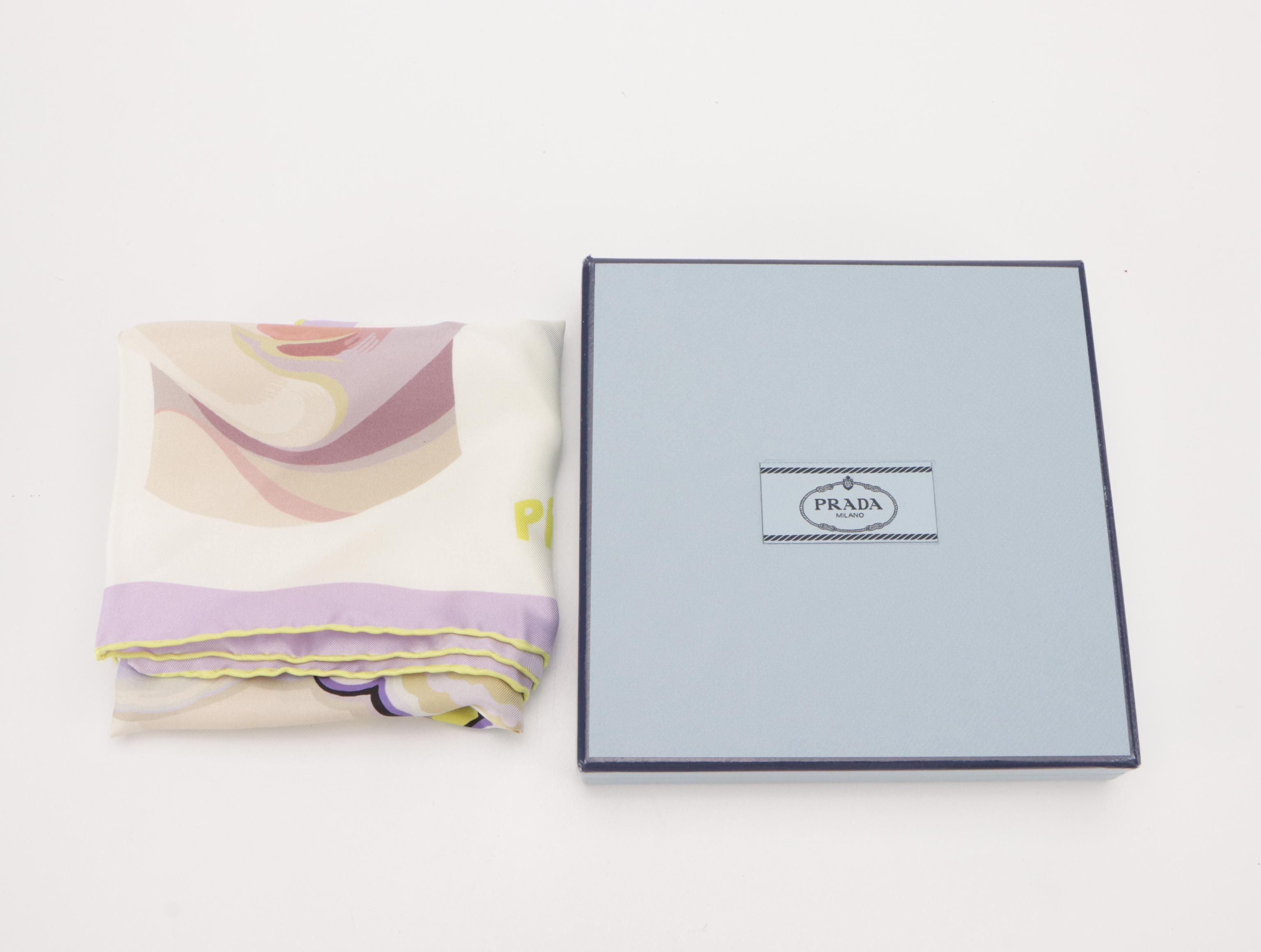 Prada Fantasy Foulard Square Scarf in Wisteria Lisa Print Silk With Box