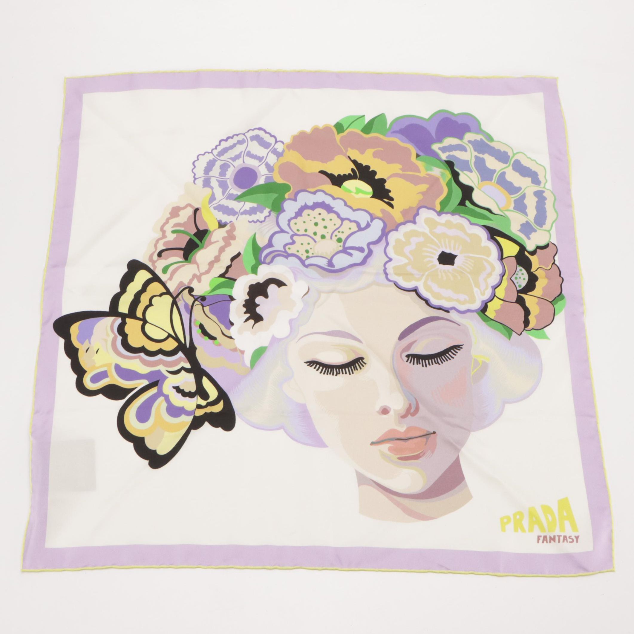 Prada Fantasy Foulard Square Scarf in Wisteria Lisa Print Silk With Box