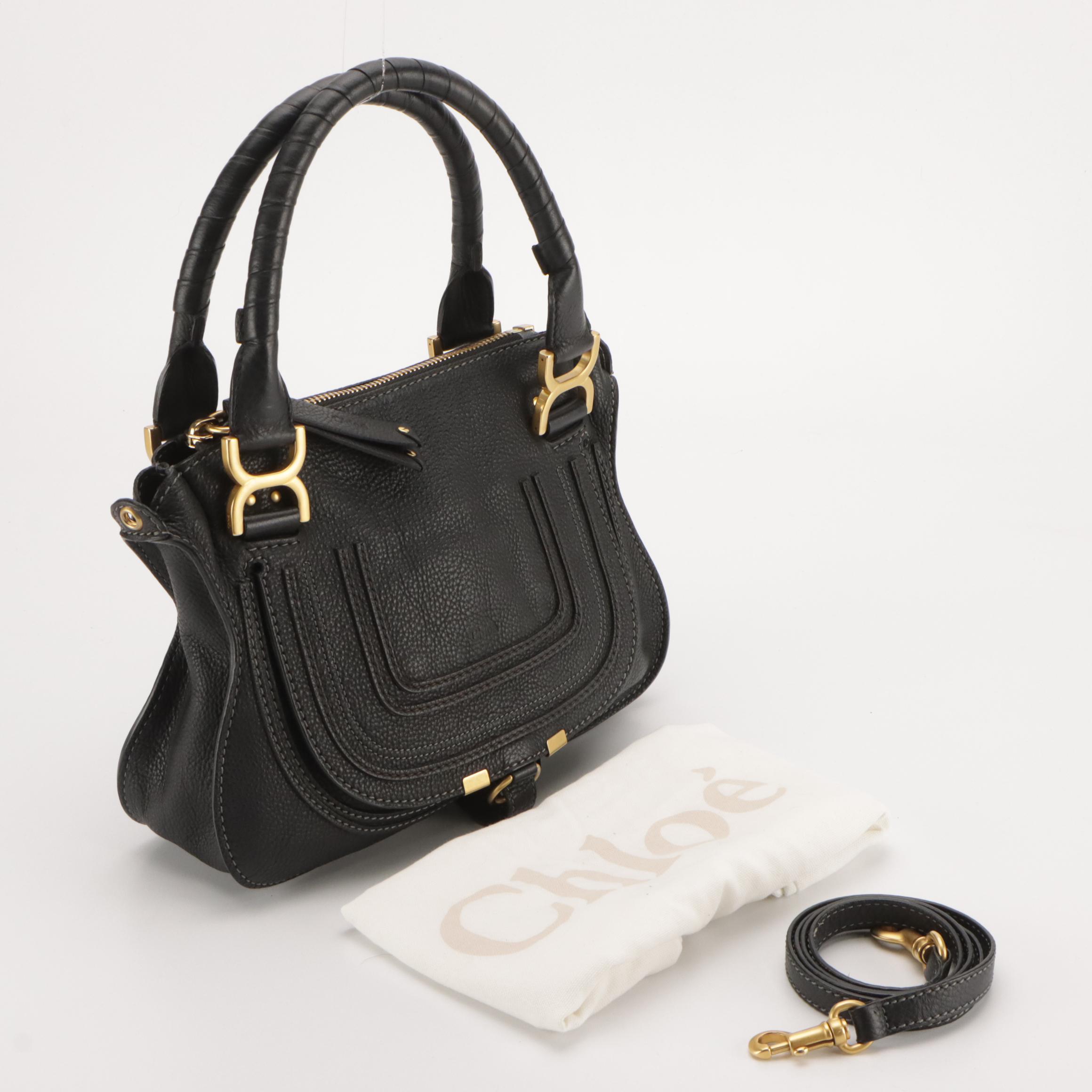 Chloé Marcie Saddle-Stitched Two-Way Bag in Black Pebble Grained Leather