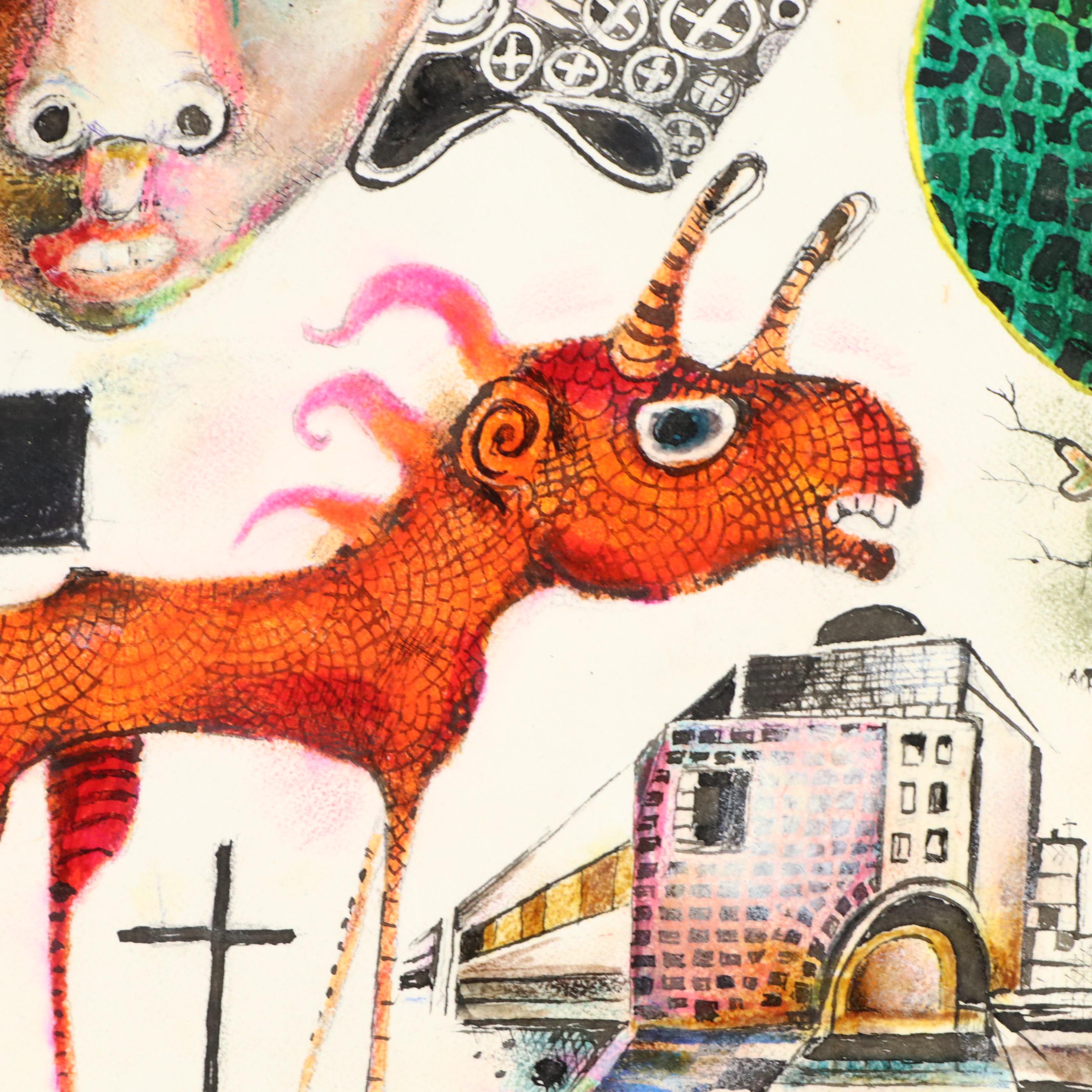 Nikolay "Kuk" Manuylov Figural Surrealist Mixed Media Painting, 2015