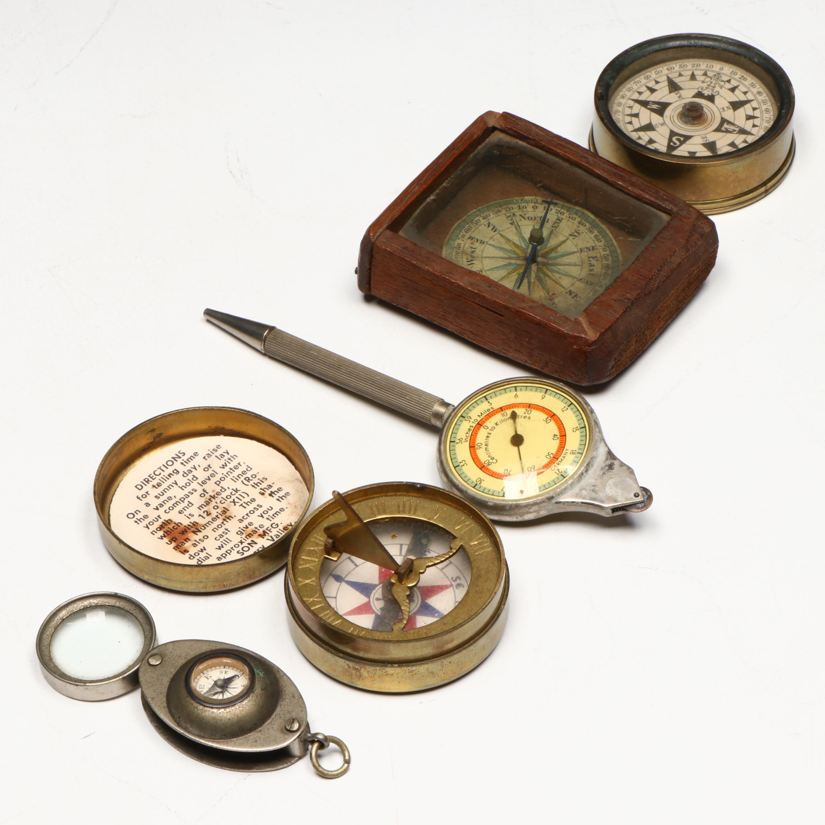 Son Mfg and Other Compasses with Map Opisometer, 19th and 20th Century