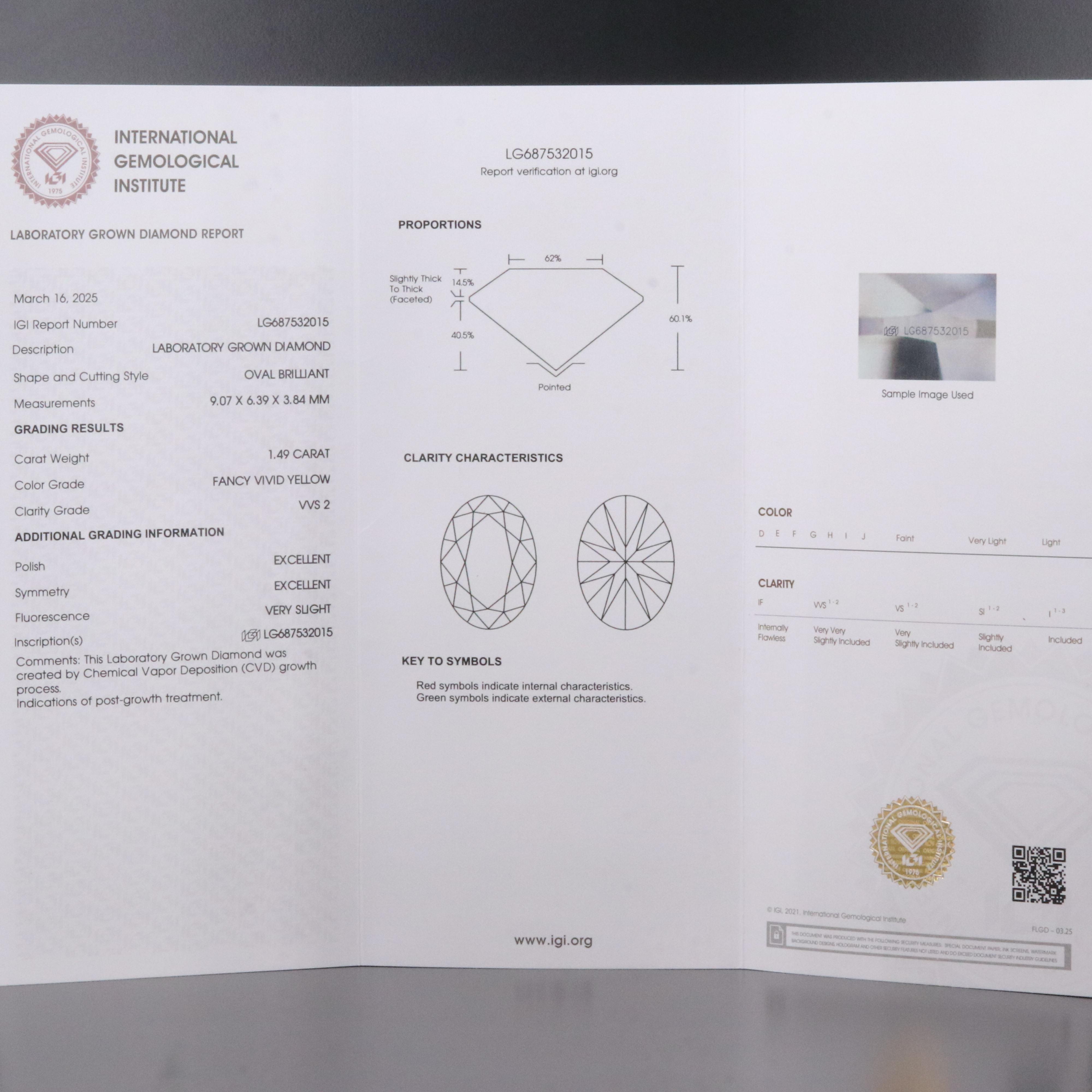 Loose 1.49 CT Lab Grown Fancy Yellow Diamond with IGI Report