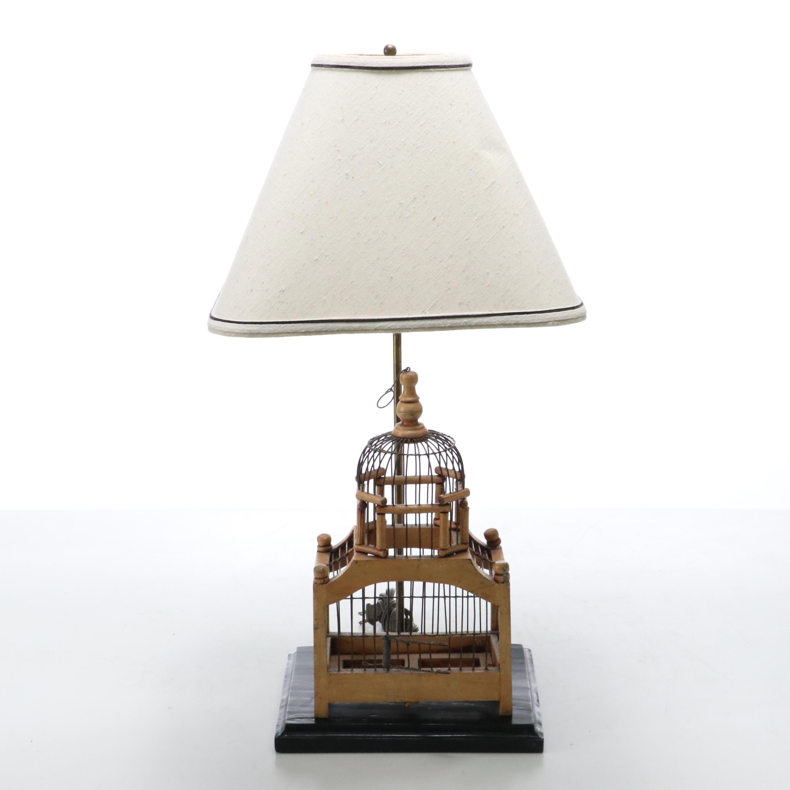 Victorian Birdcage Table Lamp with Slubbed Cotton Shade