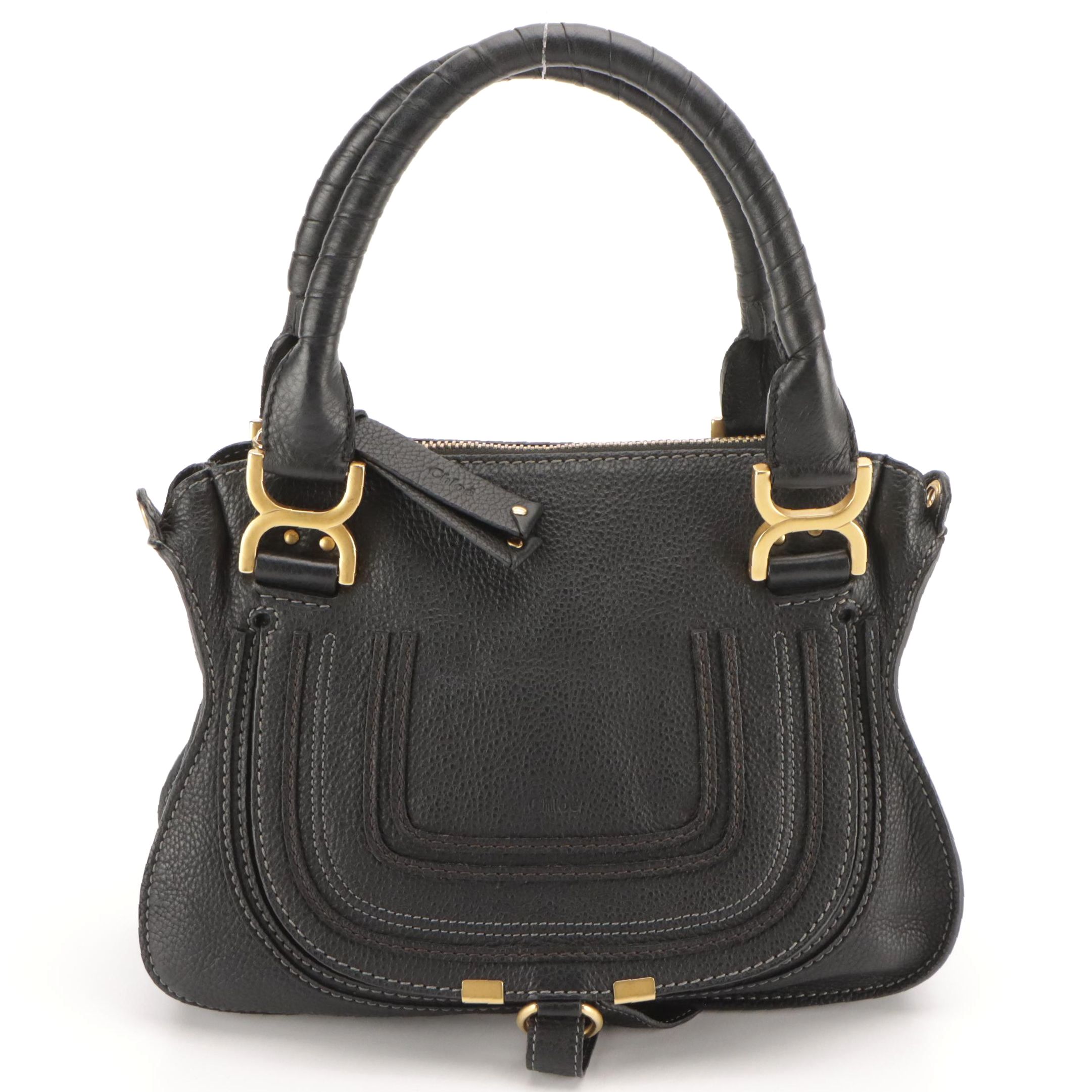 Chloé Marcie Saddle-Stitched Two-Way Bag in Black Pebble Grained Leather