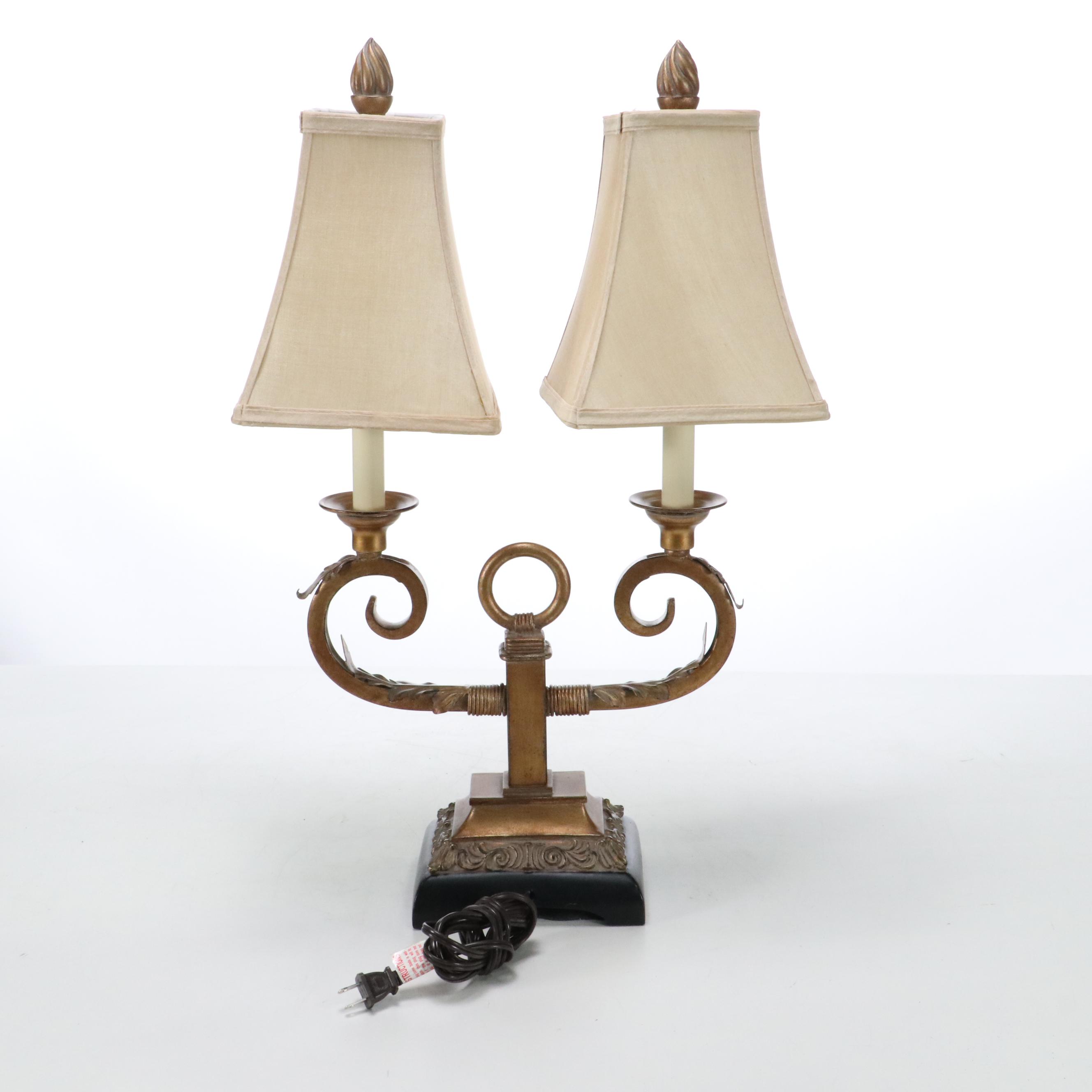 Uttermost Hollywood Regency Style Double Arm Table Lamp with Silk Shades