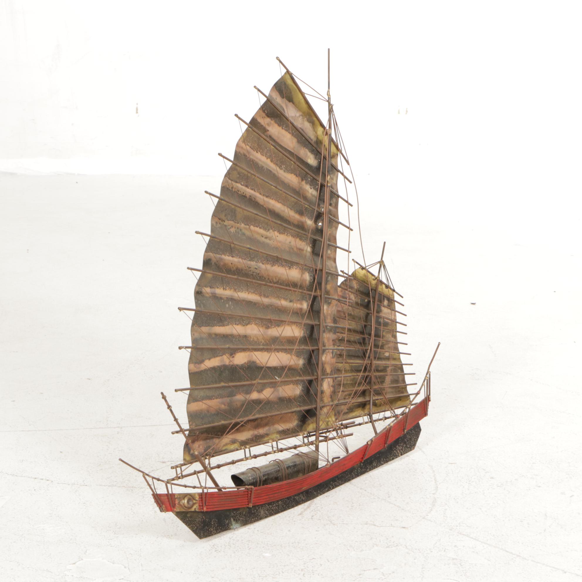 Mid Century Modern Painted and Patinated Brass Chinese Junk Wall Hanging