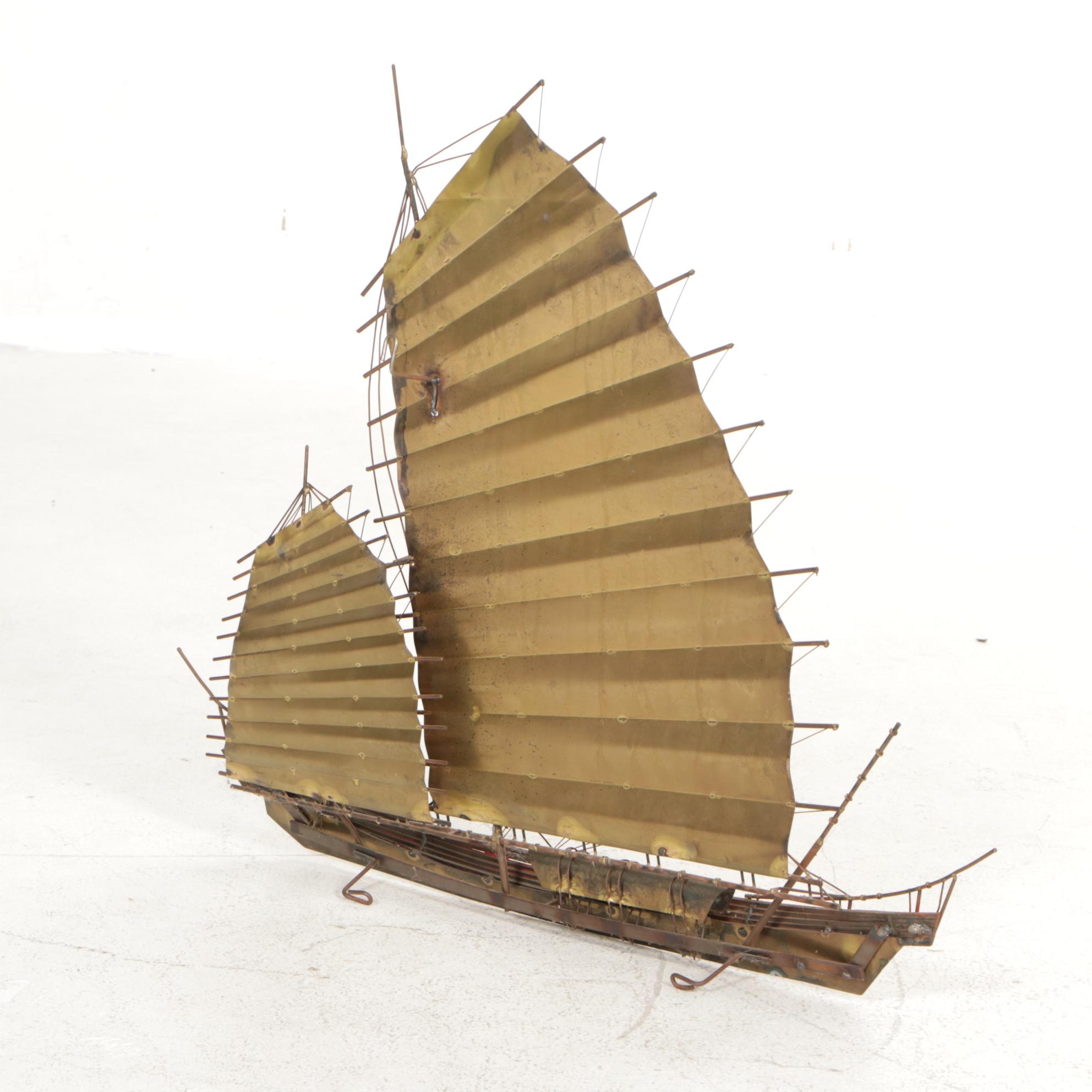 Mid Century Modern Painted and Patinated Brass Chinese Junk Wall Hanging