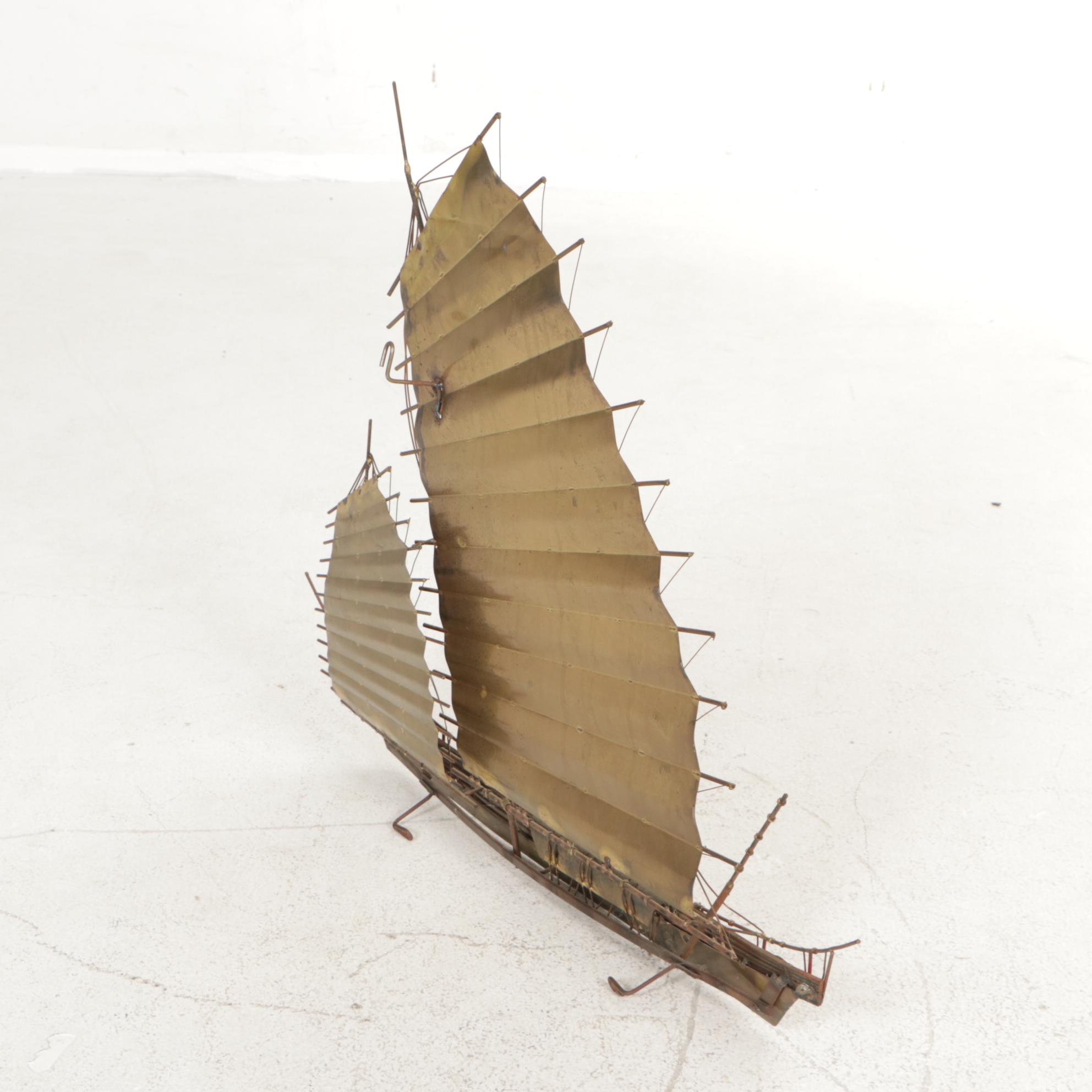 Mid Century Modern Painted and Patinated Brass Chinese Junk Wall Hanging