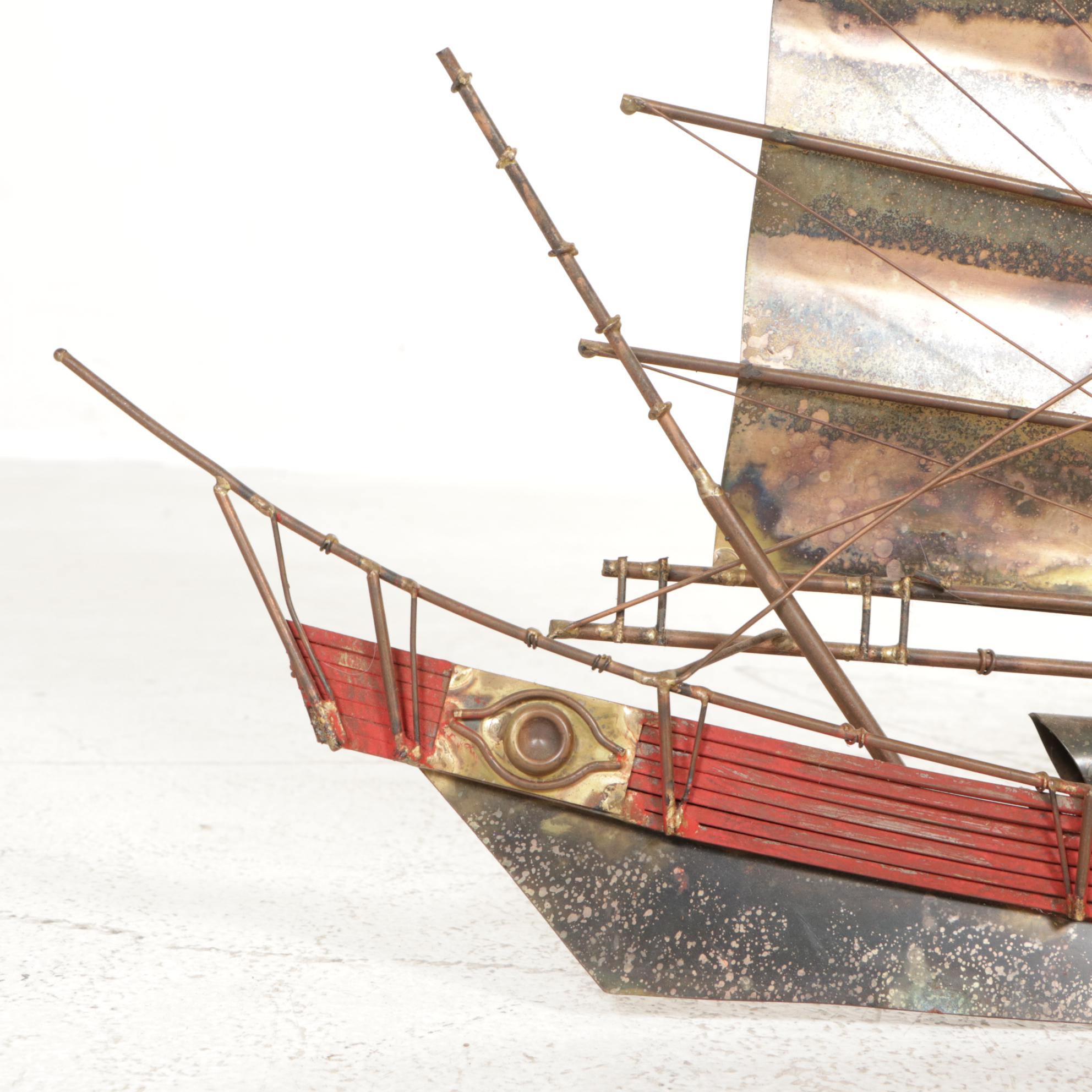 Mid Century Modern Painted and Patinated Brass Chinese Junk Wall Hanging