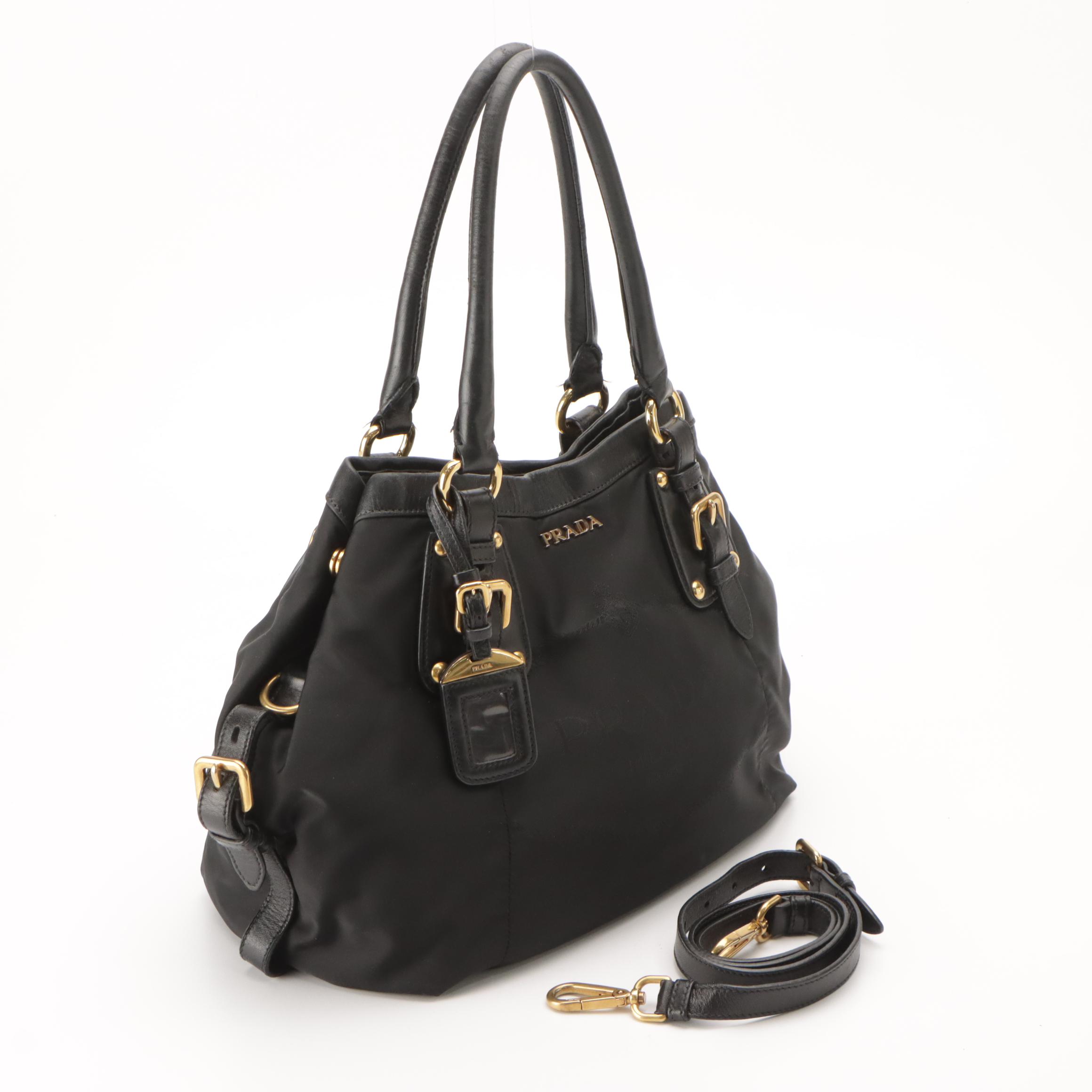 Prada Canapa Logo Shoulder Bag in Black Tessuto Nylon and Leather