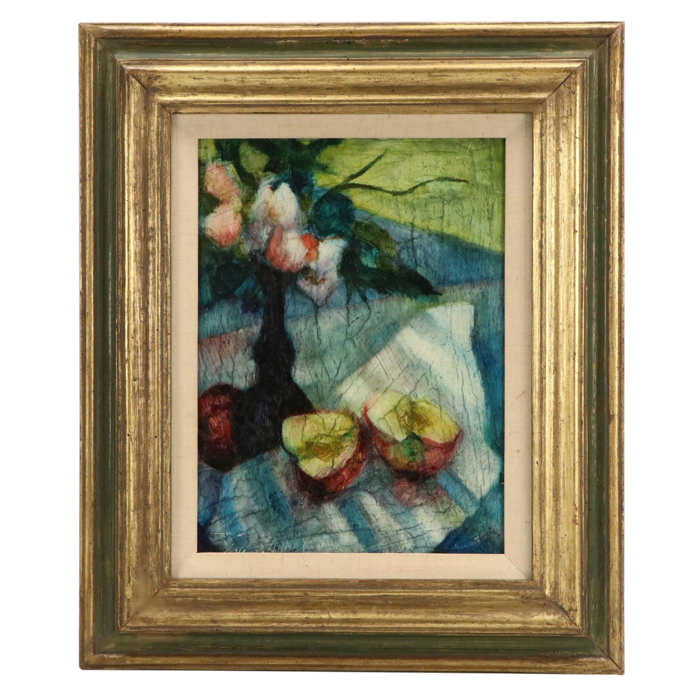 Barbara A. Wood Modernist Still Life Oil Painting of Bouquet and Sliced Fruit