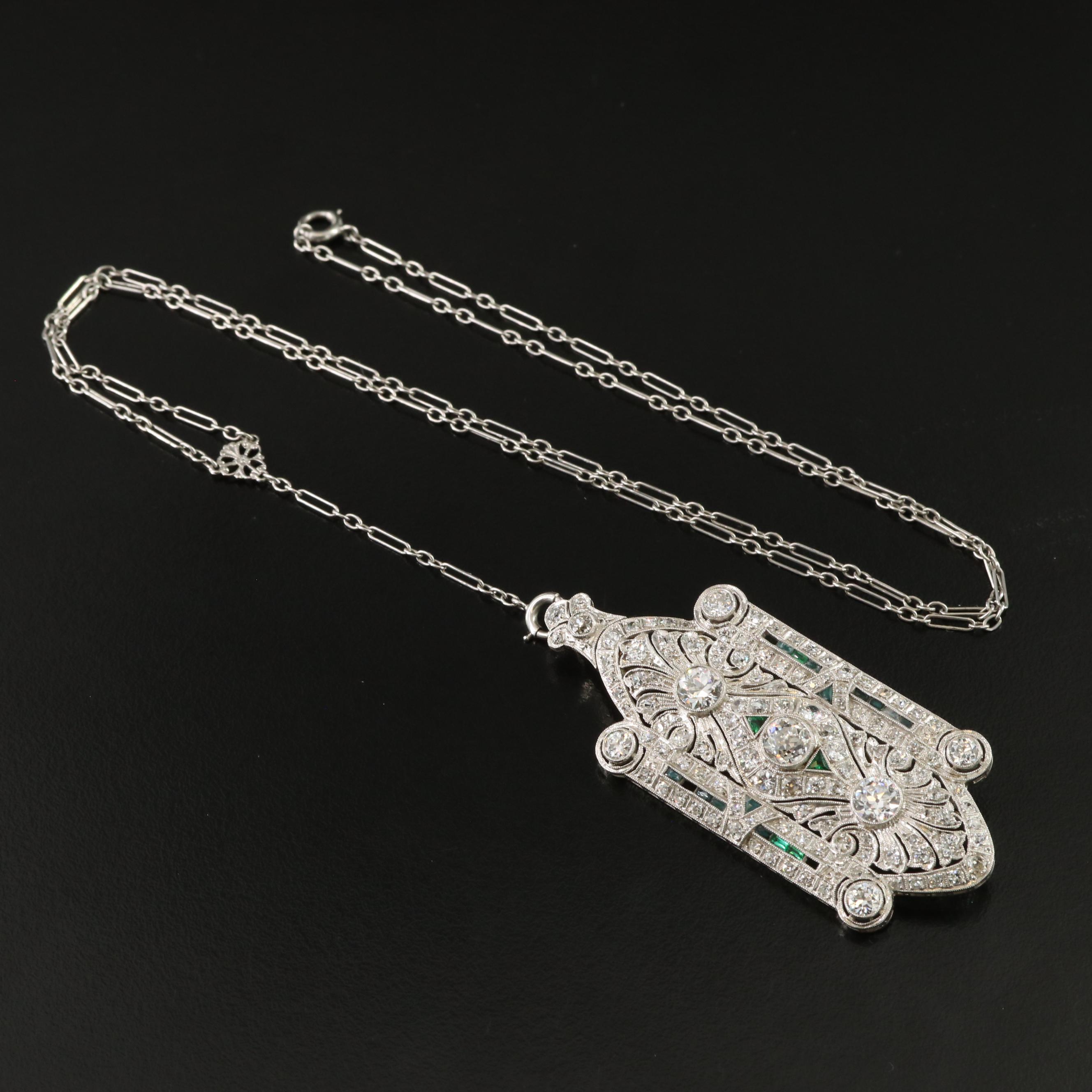 Art Deco 6.15 CTW Diamond Brooch-Pendant Necklace with Openwork Palmette Motif