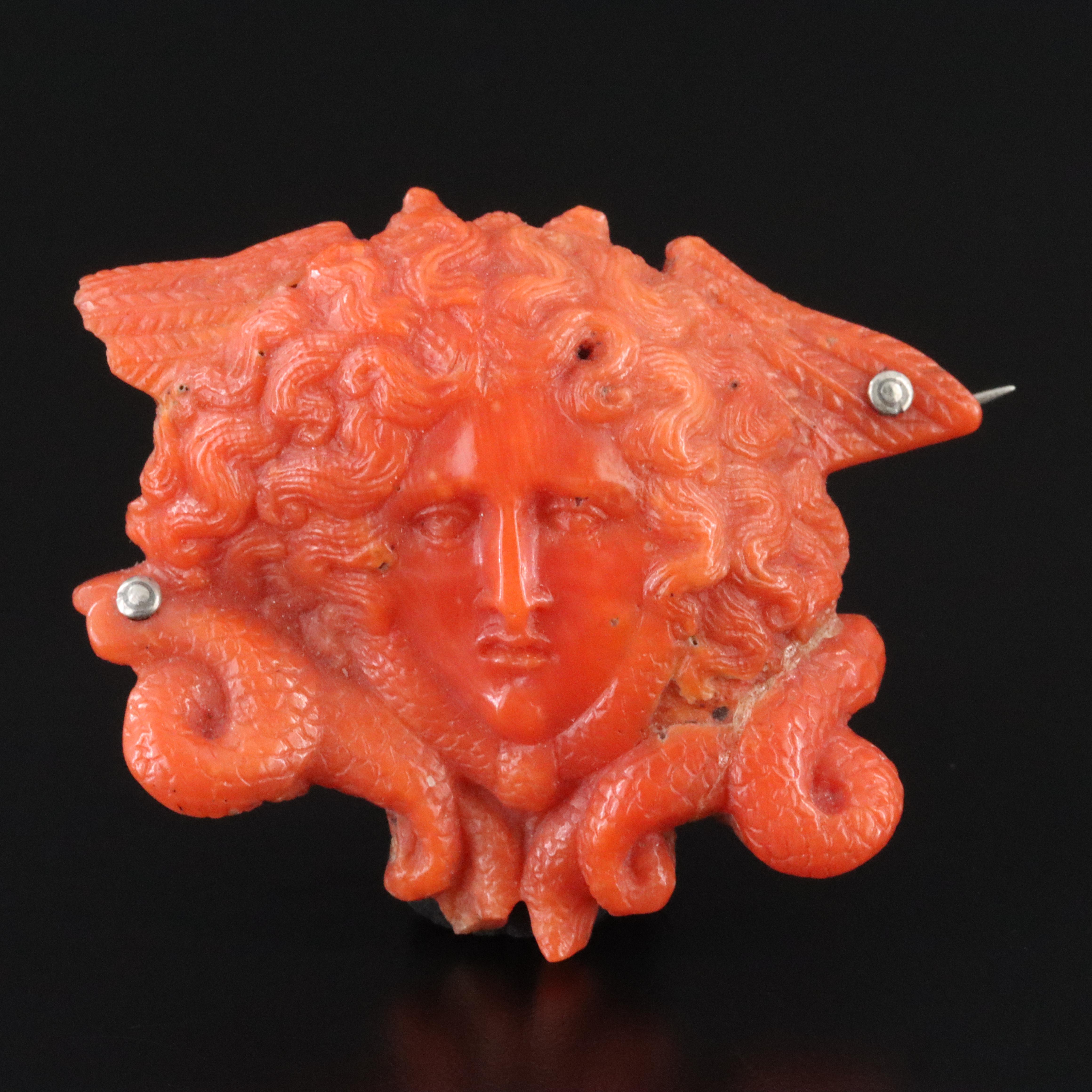 Victorian Greco-Roman Revival Carved Coral Medusa Cameo Brooch