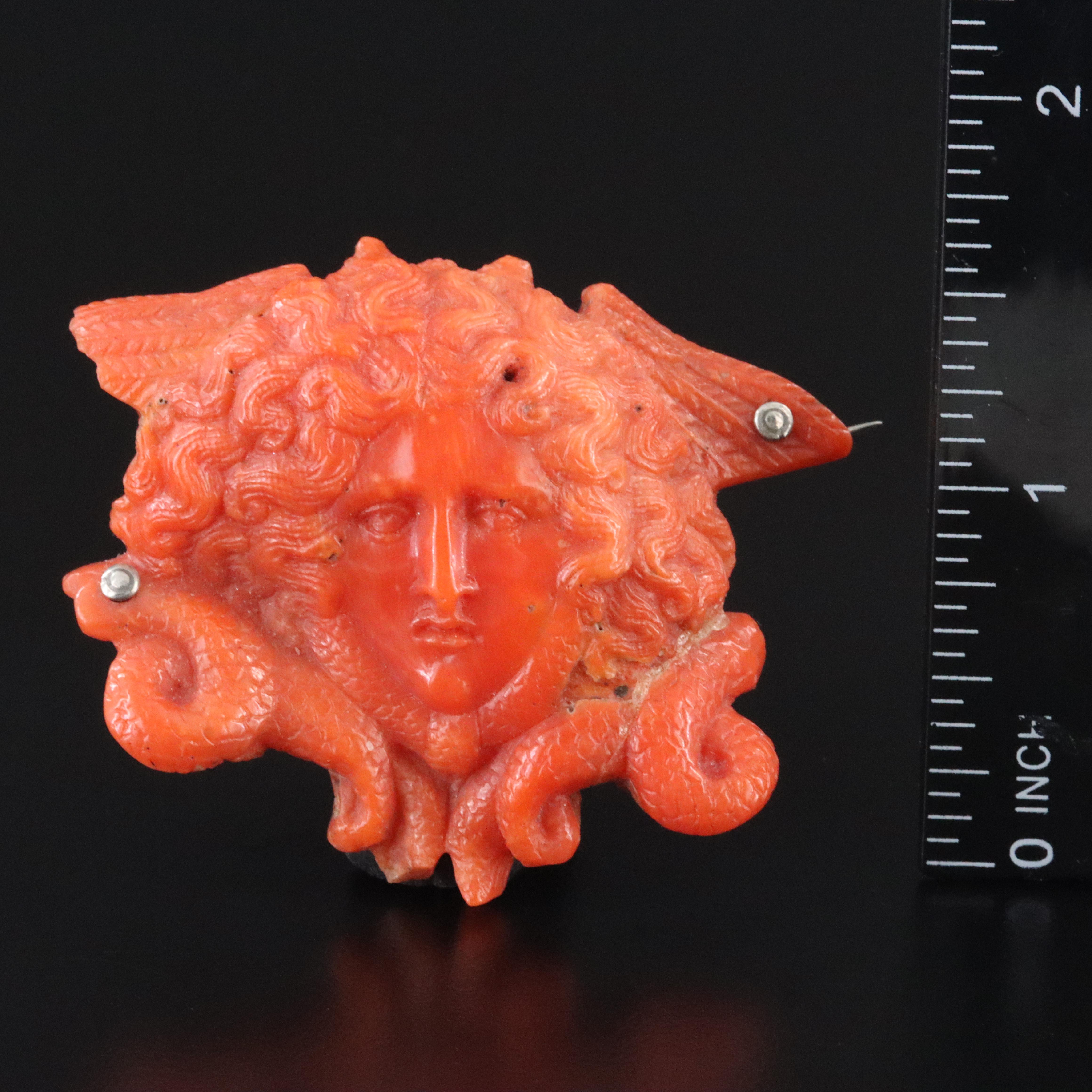 Victorian Greco-Roman Revival Carved Coral Medusa Cameo Brooch