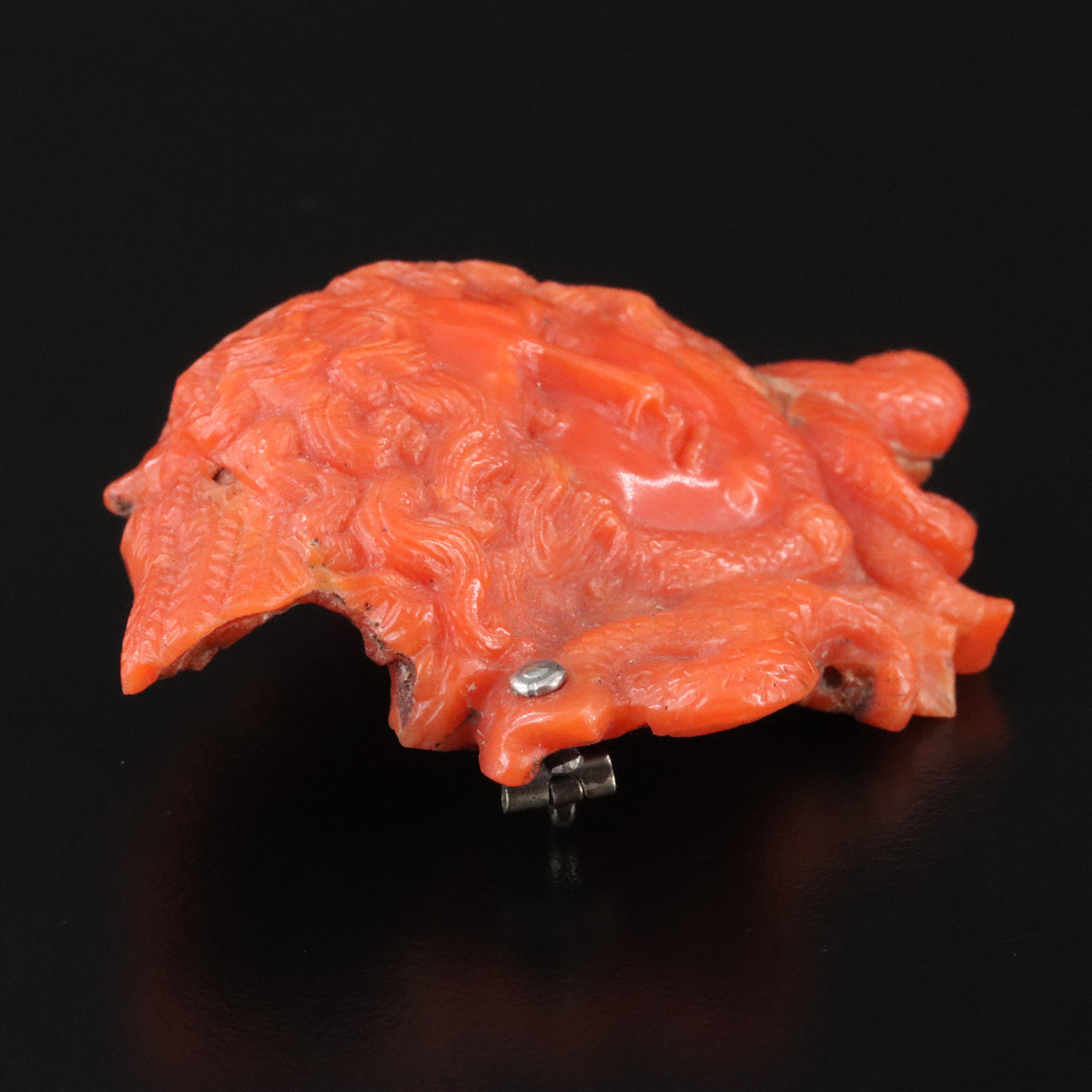 Victorian Greco-Roman Revival Carved Coral Medusa Cameo Brooch